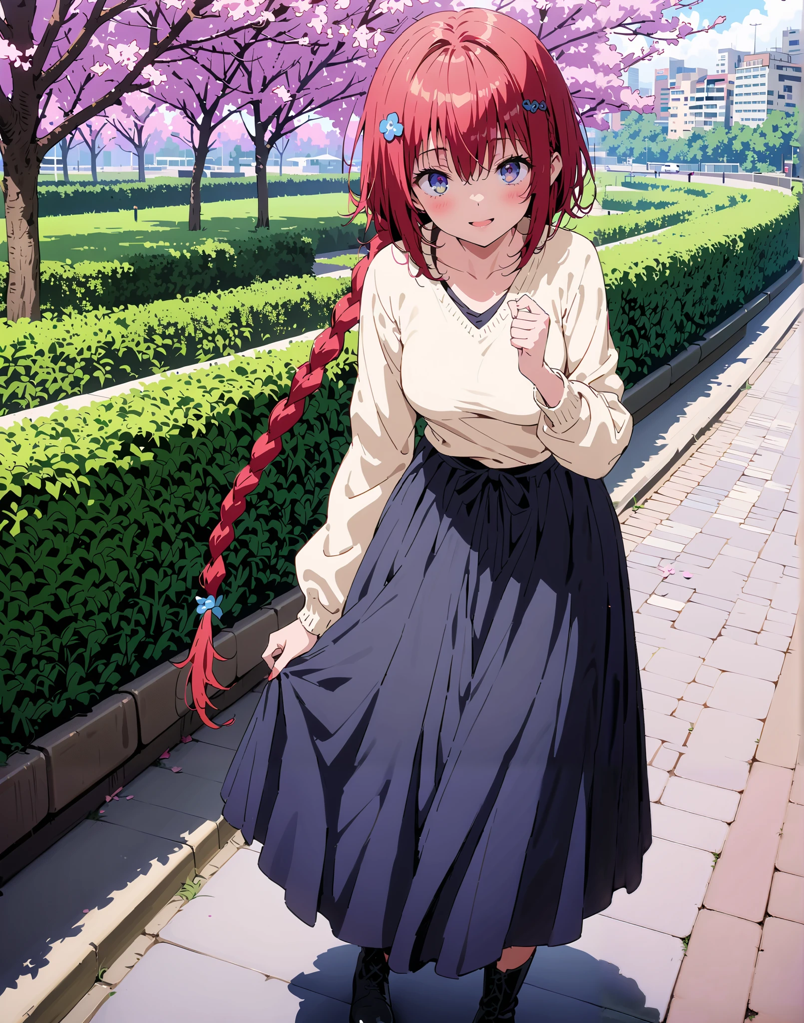 Kurosaki's thing , Alone,stupid hair, Blue Eyes, knitting glasses, hair intake, sngle braid,HAIR ACCESSORY, red hair, hair knitting glasses, smile,blush,open your mouth,Medium breast, oversized v neck sweater long sleeve,long skirt,short boots, bench,Beautiful cityscape,cherry blossoms,standing,full bodyがイラストに入るように,                               
 break outdoors,garden,
break looking at viewer,full body,
break (masterpiece:1.2),Best Quality , kampala, Unity 8K Wallpaper ,(shape:0.8),(  fine, beautiful eyes  :1.6),It's a person ,full body写真,CG Details , (perfect hands, complete anatomy),