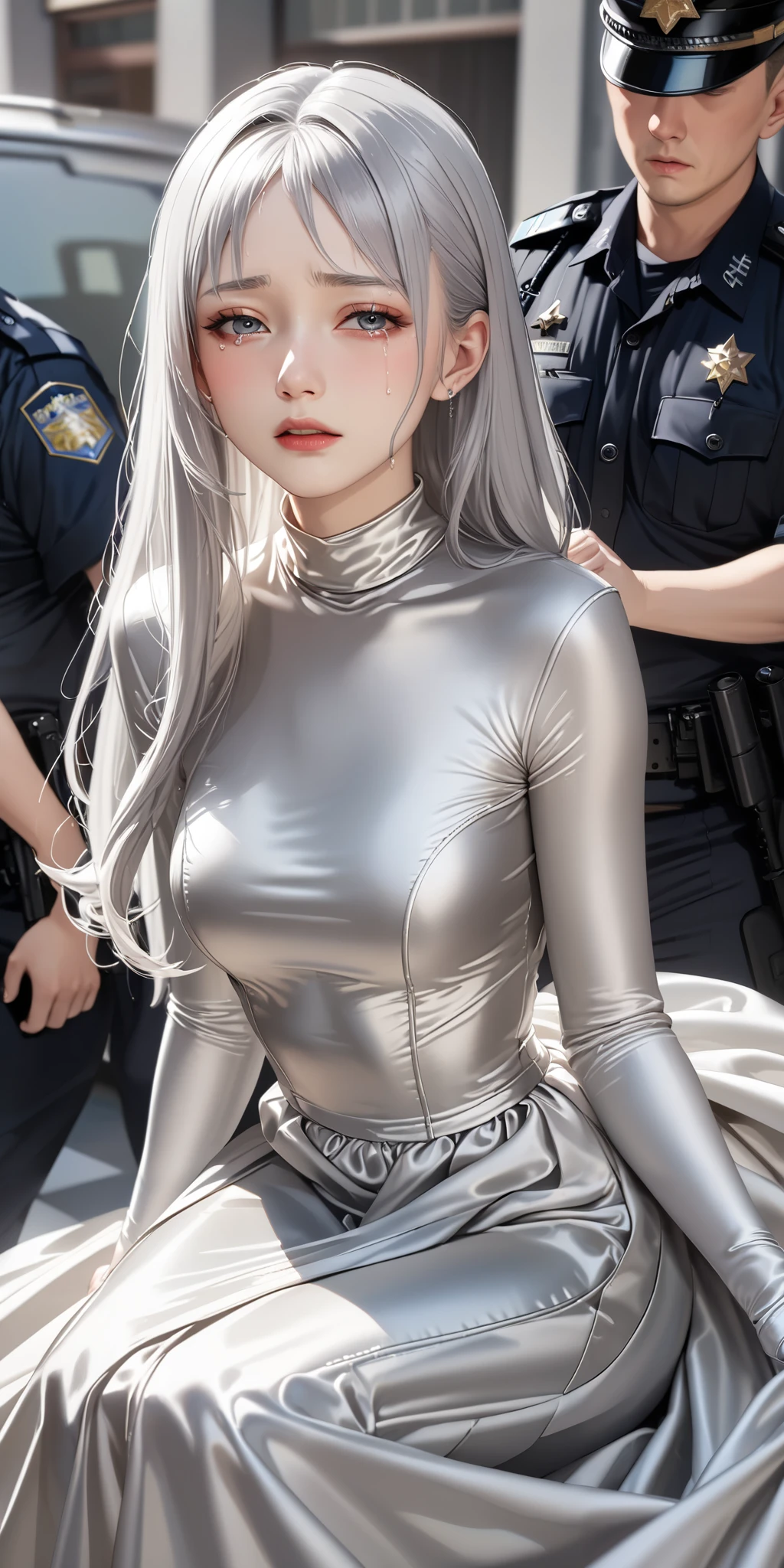 Portraiture、(masterpiece,Highest quality,Ultra-high resolution),Japanese women with silver hair, (((Very beautiful 25 year old girl)))、(She is wearing a shiny light silver satin long sleeve outfit..)、The dress has a simple design without any patterns...、(((A long skirt made of pale silver satin.)))、Pale silver satin gloves、((Pale silver satin bodysuit)), crying and arrested by police officer 