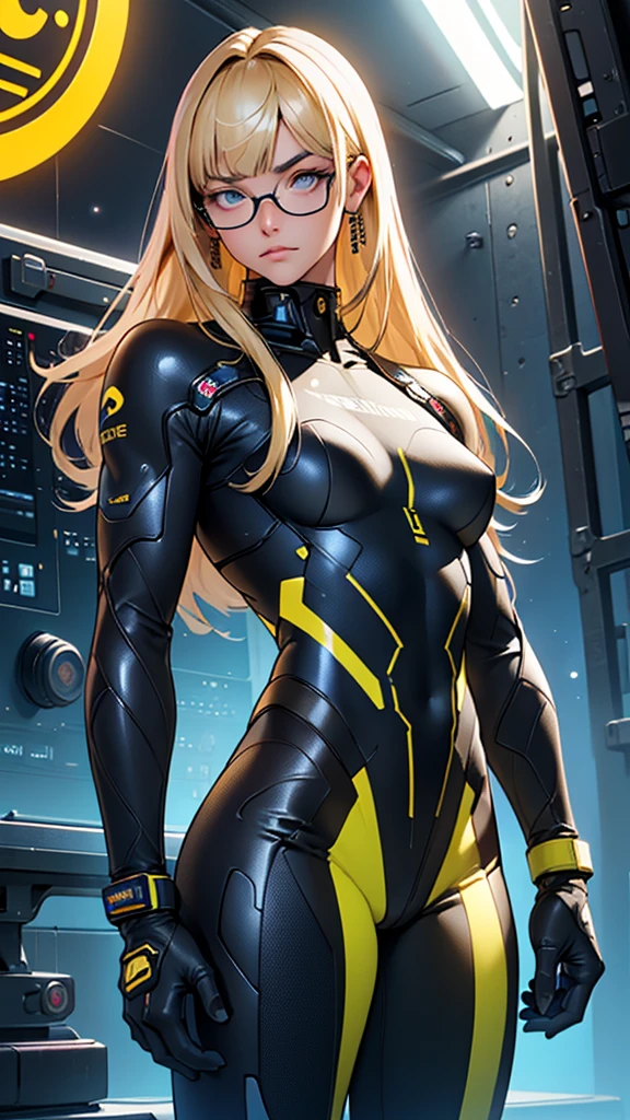 ((Best quality)), ((masterpiece)), (detailed: 1.4), Absurd, Fighter pilot Caucasian woman defined muscular body, wearing a braid, half thick naked thighs, closed mouth, only panties, muscular body parts covered by technological clothing, (((large breasts)) perfect, generous neckline, ((black, yellow and red clothing)), Germany, pastel, long blonde straight hair with moth, short underwear, garter belt, by mucha, niji --V5, close to real, best quality, almost naked, psychopathic, crazy face, sexy pose, background with a black eagle symbol of Germany, 2 pieces clothing, star designs and lightning on the arms, cyberpunk, black bra with the eagle covering the breasts, (((clothes with the colors of the flag of Germany)))), pointed shoulder pads, blue eyes without pupils, HDR (High Dynamic Range),Ray Tracing,NVIDIA RTX,Super-Resolution,Unreal 5,Subsurface Dispersion, PBR Texture, Post-processing, Anisotropic filtering, Depth of field, Maximum clarity and sharpness, Multilayer textures, Albedo and specular maps, Surface shading, Accurate simulation of light-material interaction, Perfect proportions, Octane Render, Two-tone lighting, Wide aperture, Low ISO, White balance, Rule of thirds, 8K RAW, crysisnanosuit