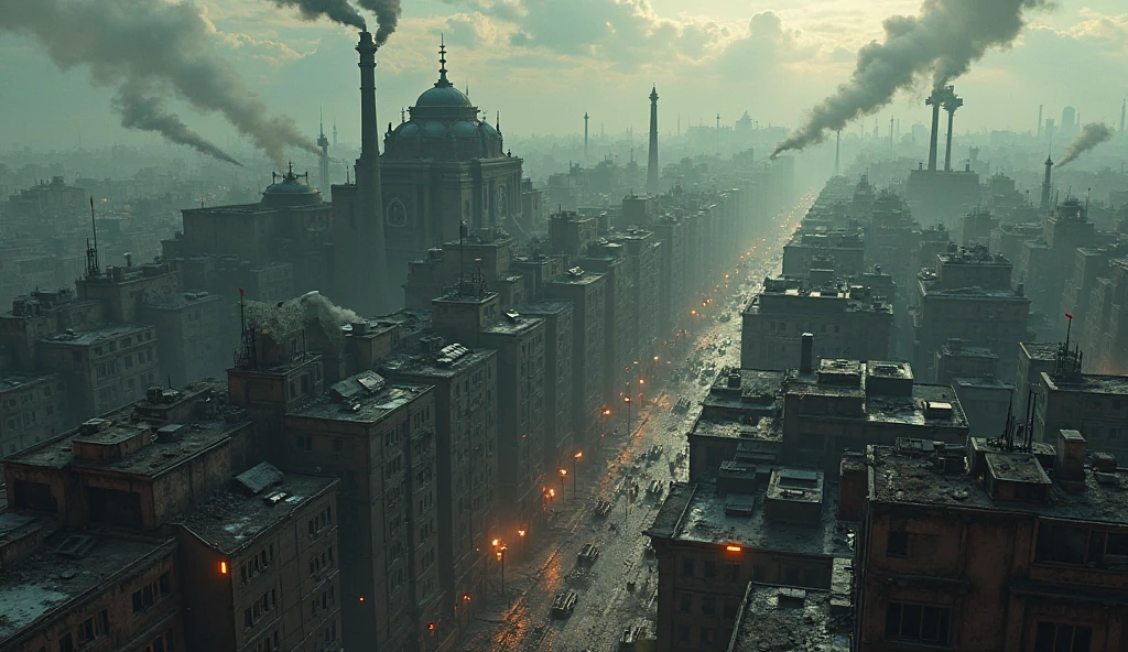 steampunk city,smoke and fog cover the city,large steam airships,steampunk aesthetic,in style of steampunk,high detalied,masterpiece