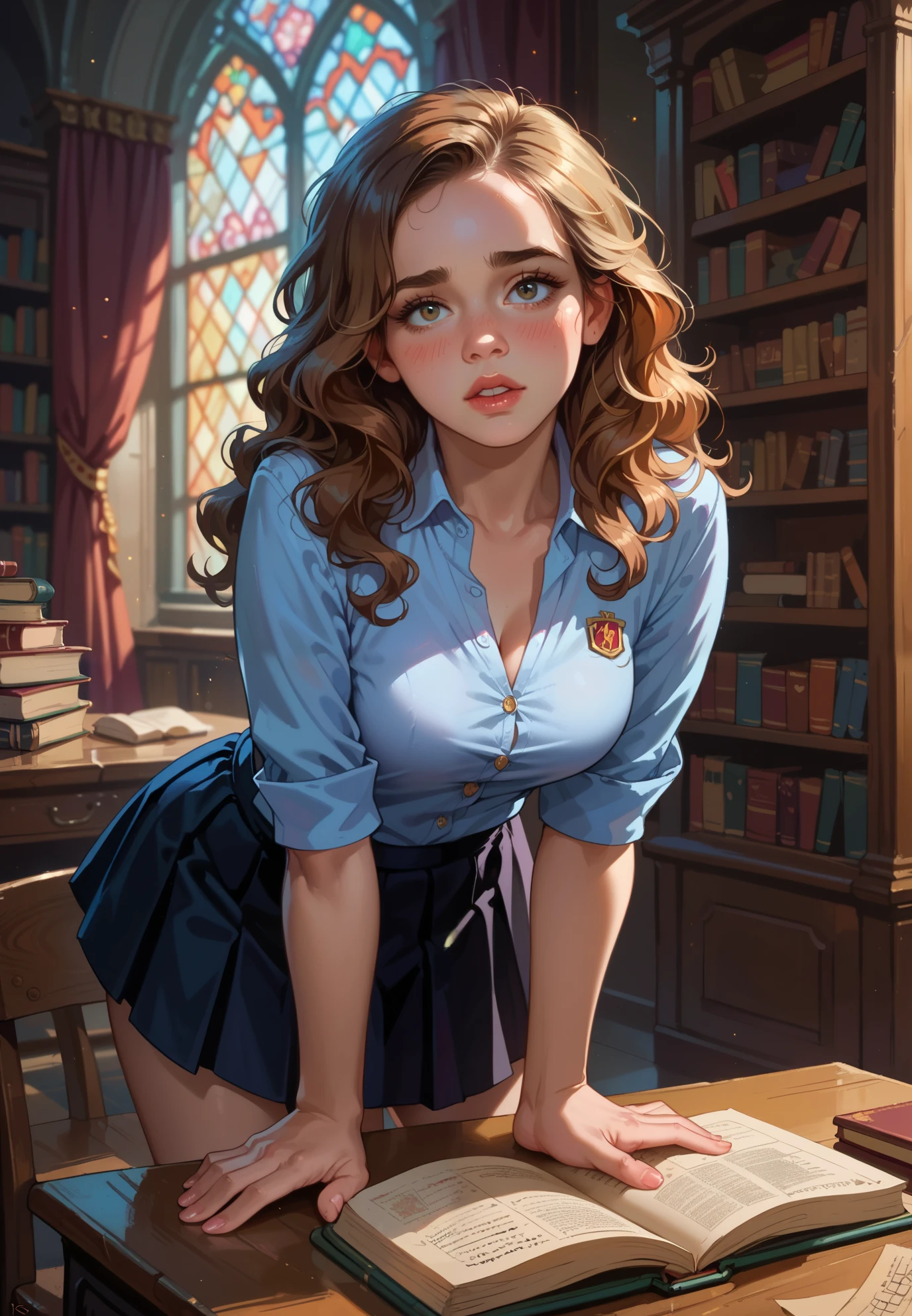 1girl, solo, Hermione Granger, Harry Potter, shy, hogwarts school uniform, parted lips, blush, skirt, bent over a desk, sexy pose, alluring , from behind, BREAK, magical study filled with bookshelves, (night time:1.2), cinematic lighting, nsfw,