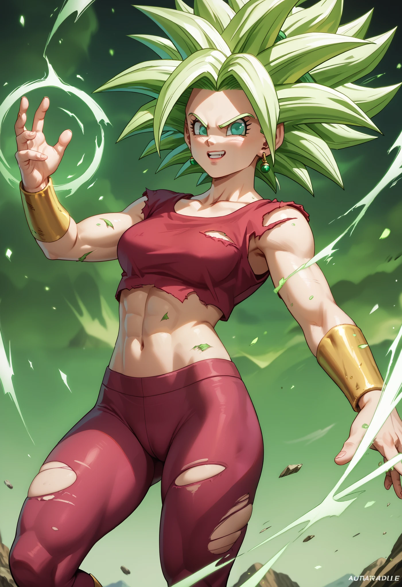 xyzkefla, masterpiece, best quality, green hair, muscular female, green eyes, ((wearing a white tshirt)), (black panties), bracer, midriff, looking at viewer, open mouth, furrowed brow, angry, rock formations, standing