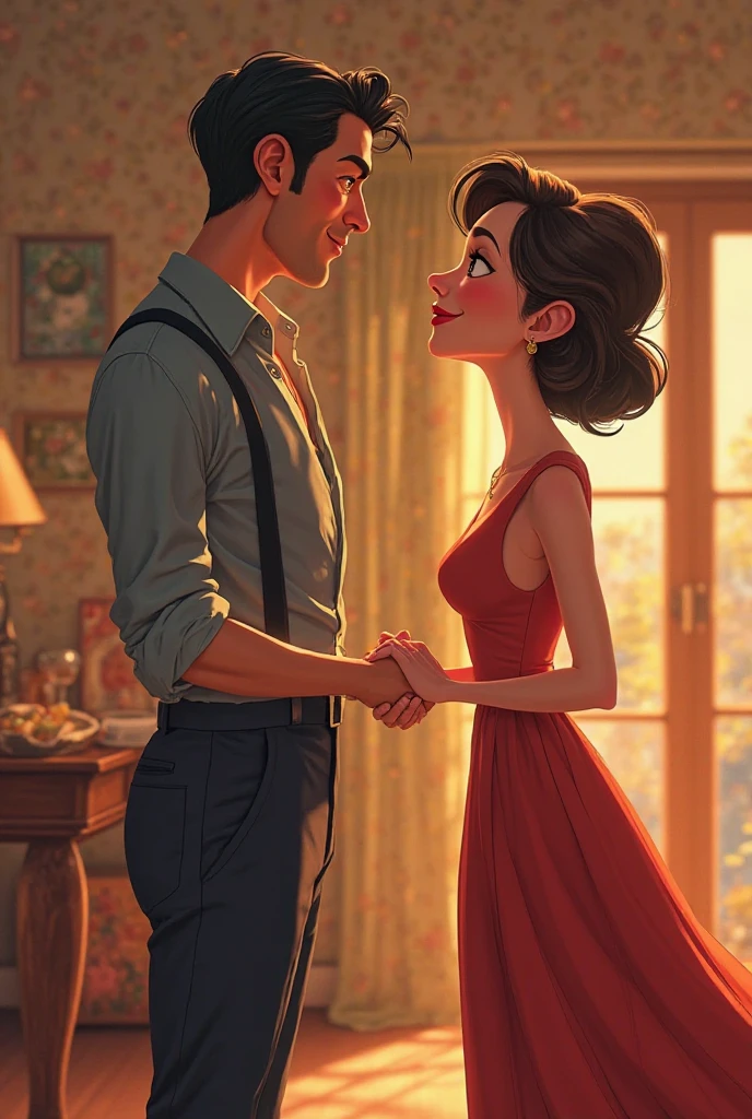 create me a realistic picture where a couple hugs each other. the boy has a fair white skin he is smiling and he has a deep dimples he has a brown hair in a cut of slightly short curly quiff cut he is wearing 1940's blue long sleeve but he folded it in half with the first button of the sleeve is unbuttoned but you see his brown tank top and has a brown pants with black belt on and dark brown shoes. for the girl she has a slightly tanned skin, smiling widely at the boy her hair is like a 1940 bun with curls on her forehead she is wearing brown fitted dress like it has a corset to keep her in shape and she is wearing white closed sandals with a strap