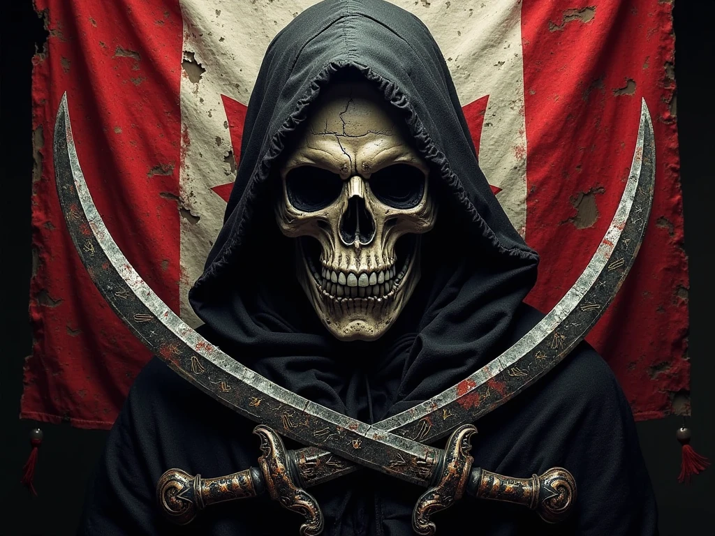 A menacing black and red canada pirate flag featuring a hooded skull with deep shadows obscuring parts of its face, blackened eyes peering from beneath the hood. The skull has sharp, pronounced features, withfands, with cracks and battle-worn texture. Below the skull, two intricately designed scimitars cross over each other, their curved blades gleaming with an aged metallic sheen, detailed with engravings and weathered from battle. The emblem has a dark, ominous aesthetic, with a mix of gothic and pirate influences, set against a textured, tattered banner or shield-like background. Dark, moody lighting enhances the eerie, menacing presence of the design.