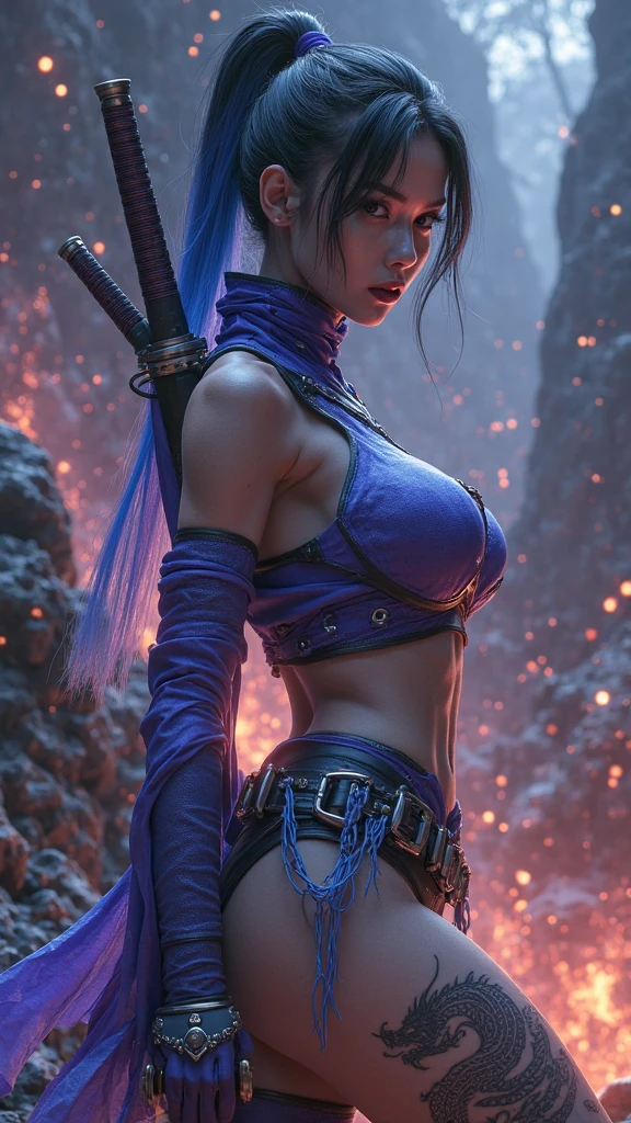 Perfect waist cut, Large breasts, Warrior girl with a scimitar on hand, Skimpy organza clothes ,dark blue hair with red highlights, (perfect nose), Seductive gaze, Boots on high heels (Best Illustration), 8k Resolution, Intricate Details, Best Quality, Realistic, Ultra Detailed, Best Lighting, Best Shadows, Ultra HD, A Necromancer style, Night, Magic, Dark Style, Vampire, (shining red eyes:1.6), masterpiece, high_res, Beautiful face, tyndall effect, photo realistic, (high detailed skin:1.2), 8k uhd, dslr, high quality, Photograph, high resolution, 4k, 8k, Bokeh, absurdres, ponytail contorted, best ratio four finger and one thumb, front view, dark blue hair gorgeous, perfect proportional skinny fitness body, full body view, wet skin, wet clothes, dark cathedral baground scenery, huge bobs, belly muscle, long fit perfect legs Stockings