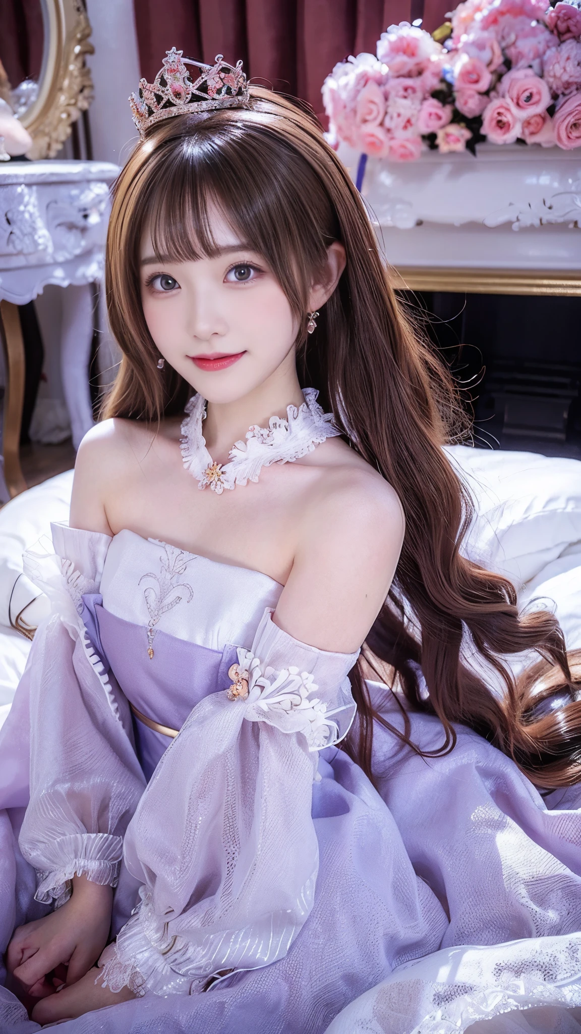 beautiful princess woman, chestnut hair , beautiful eyes, smiling, actual , Full HD, very nice dress ,Fluffy dress ,Curvy body,Gorgeous scene,Gorgeous decoration