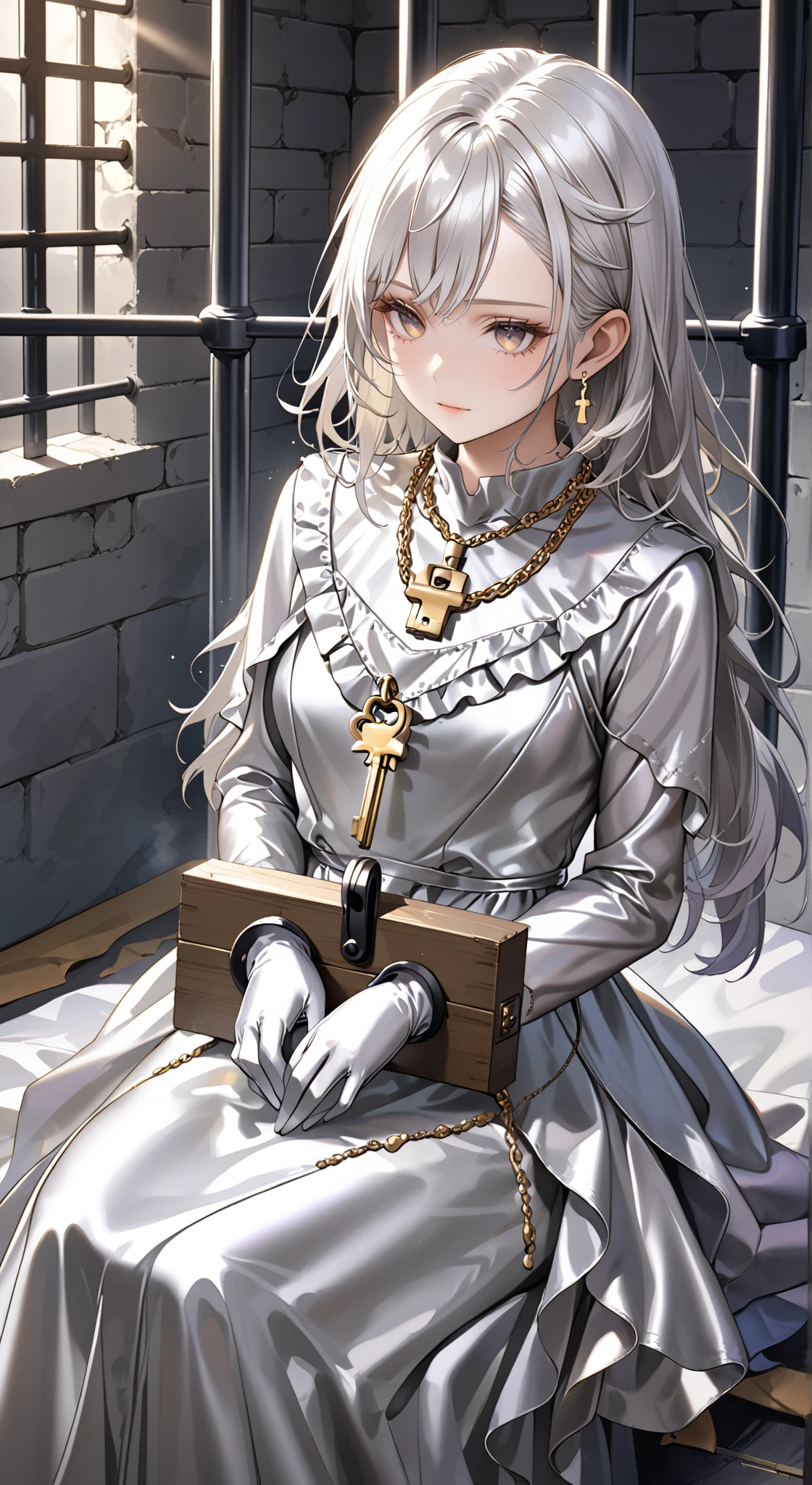 portrait、god々Shining light、( masterpiece, top quality, Ultra High Resolution ),Extremely detailed CG, Japanese woman with pale silver hair,(( beautiful face)),(( long sleeve long dress made of pale silver satin))、((The dress has a simple design without embellishments)),Ruffled Skirt、(Well-fitting pale silver satin bodysuit )、pale silver satin gloves, (wearing a simple key on a golden necklace ), locked in a prison cell and sitting on a bed