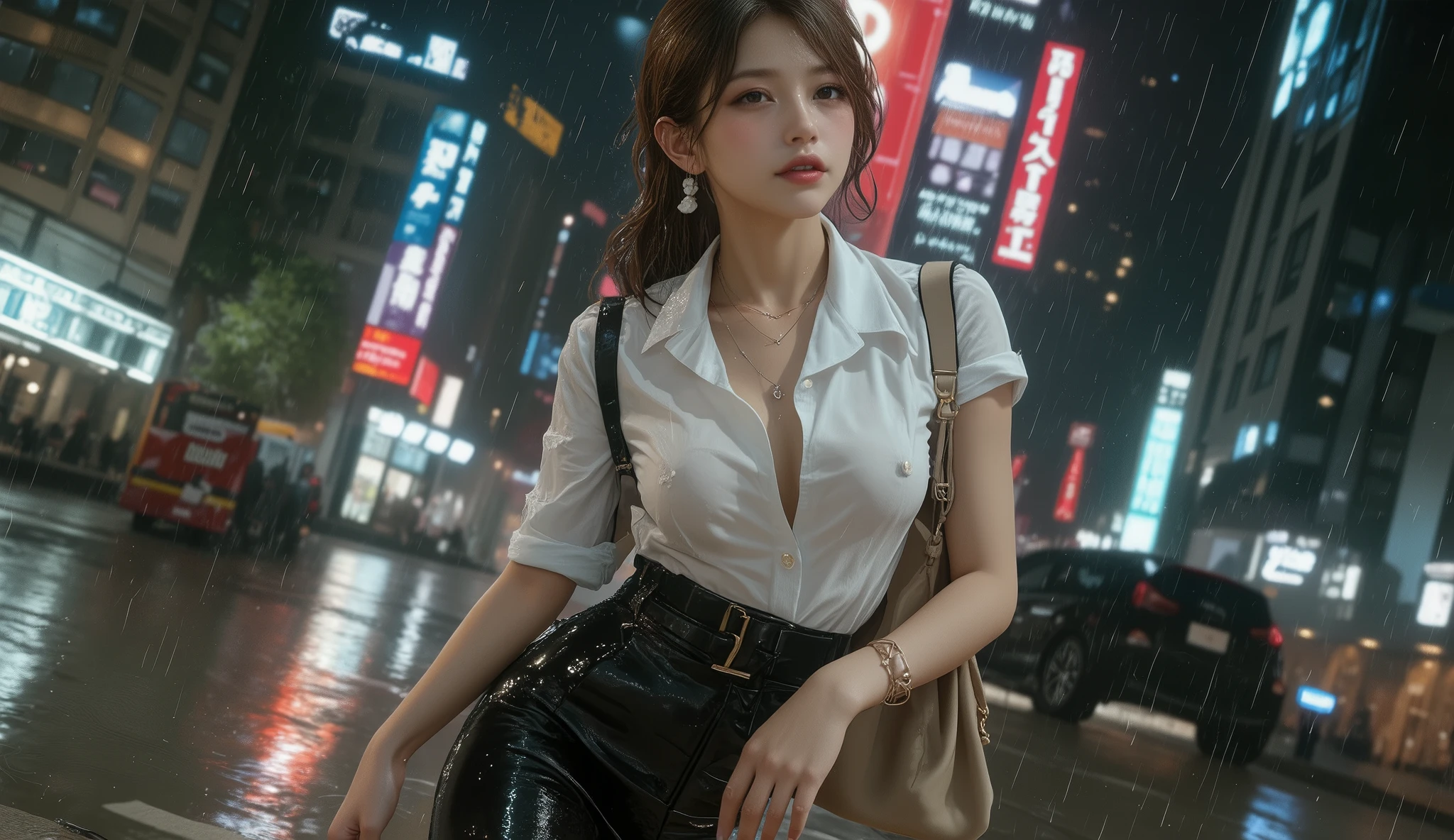 ((Best Quality, 8K, Masterpiece: 1.3)), Sharp: 1.2, Perfect Body Beauty: 1.4, Slim Abs: 1.2, ((Layered Hairstyle, Big Breasts: 1.2)), (Wet White Button Long Shirt: 1.1), (Rain, Street: 1.2), Wet: 1.5, Highly Detailed Face and Skin Texture, Detailed Eyes, Double Eyelids, Looking at the Camera