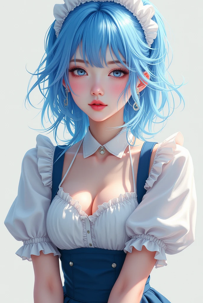 A light-skinned woman, She has waist-length hair and is light blue. (almost blue). He has blue eyes and is smiling.. She has big breasts. she is a milf. wear casual clothes.