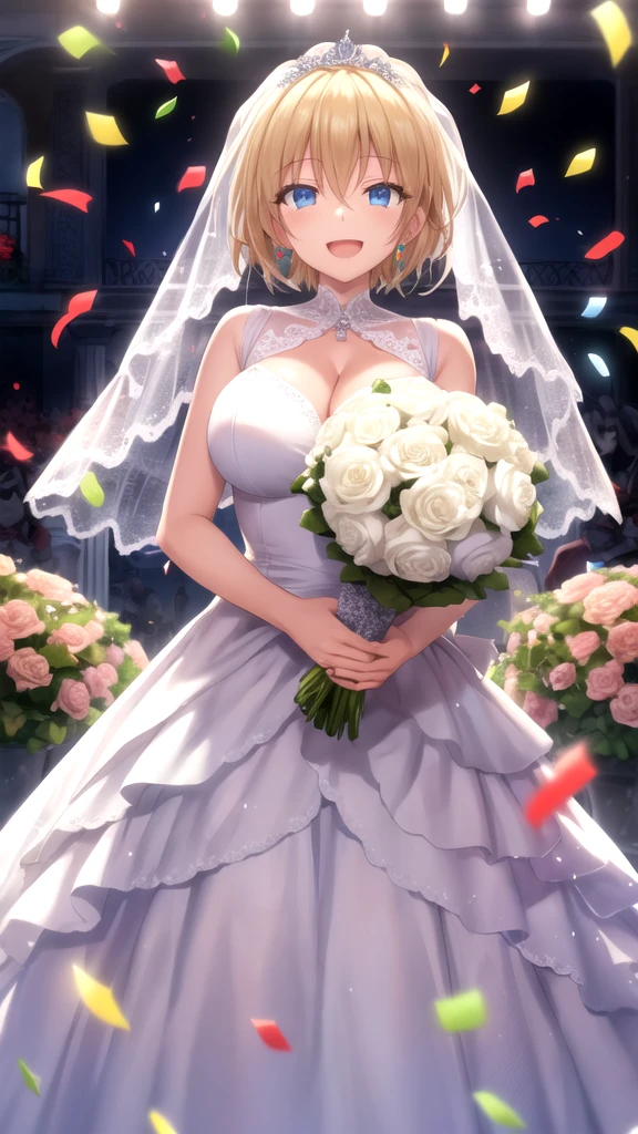 Girl with huge breasts and a wedding dress with a huge lace neckline ,with veil at the altar