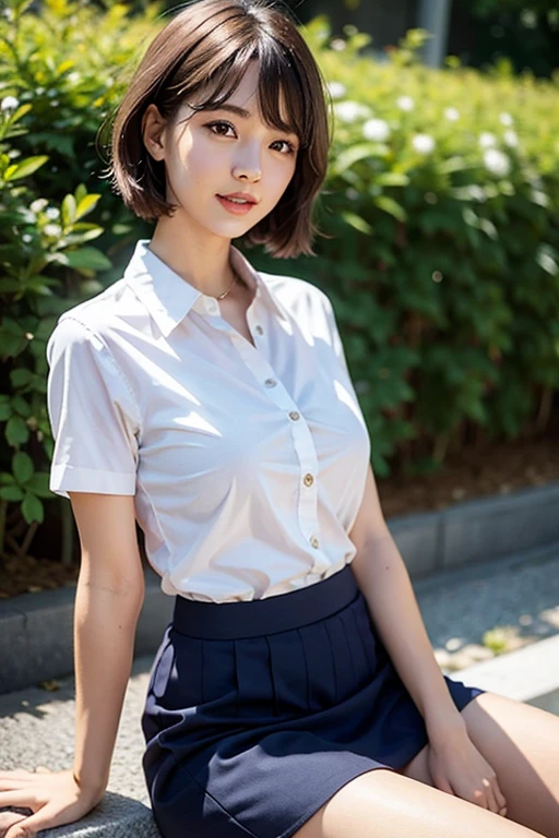 (((Dressing:1.8))), ((Dress up reliably:1.8)), (((pantie shot:1.8))), (((Show the camera everything about your panties:1.5))), ((Lifted skirt:1.8)), (((short sleeves school uniform:1.8, Dark blue mini skirt:1.5, white panties with a small area,,:1.5))), espadrilles, ((Modern old cityscape:1.8)), ((Smiling smile:1.8)), 1girl in, 独奏, 18year old, 7headed body, Ideal ratio body proportions, erectile nipple, short-hair, A dark-haired, With bangs, small tits, A slender, Small buttocks, beauty legs, Skinny Legs, surrealism, Cinematic lighting, depth of fields, One-person viewpoint, F/1.8, 135 mm, nffsw, masutepiece, ccurate, ((Anatomically correct:1.3)), Textured skin, Super Detail, high details, High quality, awardwinning, Best Quality, hight resolution, 8K