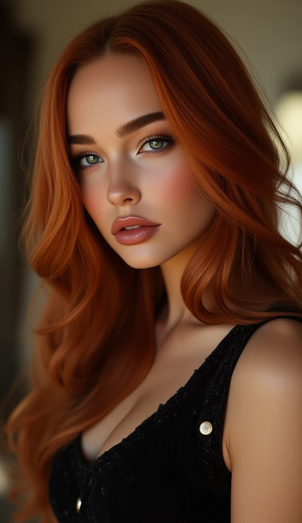 A white Brazilian woman with her hair dyed a natural dark copper red, very long and very curly, not voluminous, rosto angelical, chubby and oval face, very beautiful, eyes browns, small and round mouth, slightly large cheeks, round eyes, big eyelashes, small and cute nose, round chin, wears well-defined eyeliner and a wine red silk dress, sculptural body, breasts small. 