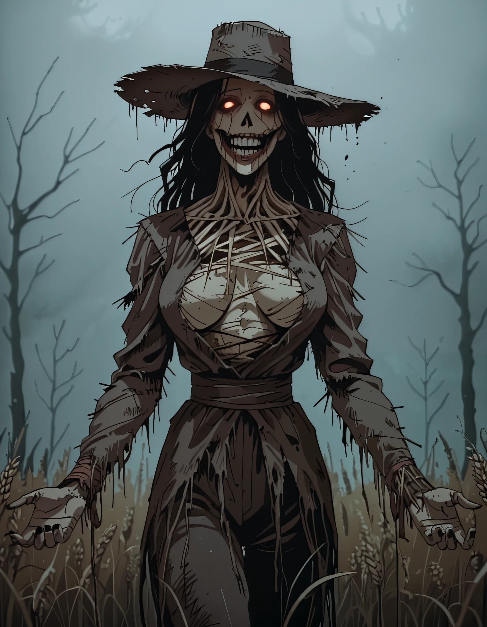 90's Anime, Dark Horror, Quality_masterpiece, Absurd res, score_9, score_8_up, (masterpiece), source_Anime, ultra high quality, ultra detailed,(scarecrow:1.1), Hat, dark face, glowing eyes, dark night, round breasts, depiction of a SCARECROW in a large creepy wheat field, pathway, serrated teeth, wicked, dark, shredded traps, creepy, horrifying, darkness, volumetric lighting, dramatic lighting, bokeh, depth of field, detailed background, mad look, demonic, dark arts, hkhorror, demonic, Bondage, aburdres, (((heavy fog))), cowboy shot, (low angle, from bellow), ((turning to the viewer)),