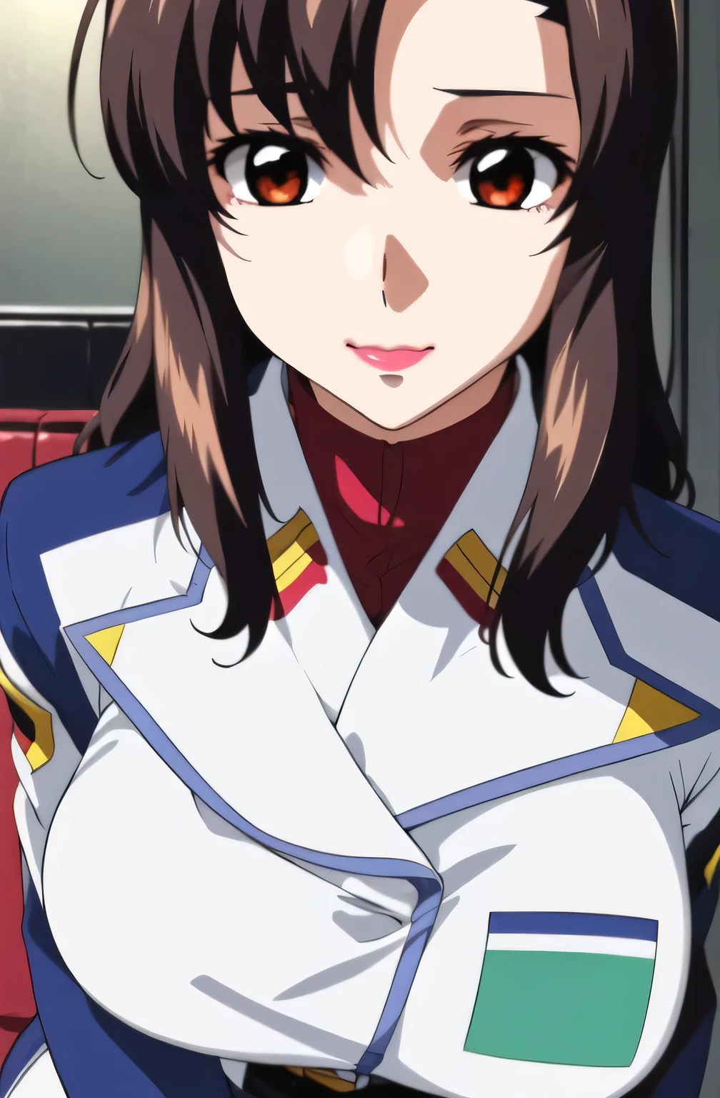  ，garter belt，      2-high stockings           ，   face that has a thin waist even with big breasts，I want to draw expressions even more delicately on a 40-year-old adult woman，，        When You Spread Your Legs       ,  office lady's uniform，Please draw the length of the skirt even shorter Please draw the facial expression more delicately，The skin on the jacket is hidden by the uniform，That's enough for me，draw an expression on the face even more delicately，             simple background    , Please draw big breasts even bigger breasts,My waist is thin even with big breasts，
military uniform, military,              jacket,                           blue and white uniform ,Please draw a shorter micro skirt, my whole body，  
Front hair,Tea color_hair, length_hair,red Eye ,lipstick, offset,
              1 girl, I want to draw expressions even more delicately on a 40-year-old adult woman，,                           young woman      ,beautiful Finger,beautiful length legs,beautiful body,beautiful Nose,beautiful character design, perfect Eye , perfect face,expressive Eye ,                           perfect balance                          ,
 ,(Focus on her face),                         I closed my mouth           , (Innocent_big_Eye :1.0),light_笑face,
             official art,              very detailedCG 、                      Unity 8K Wallpapers             ,  Full light,colorful,                        bright          _Front              _face_lighting,                           white skin,
(masterpiece:1.0),(Highest_quality:1.0),          ,4K,very detailed,
    photo shoot, 8k,  High image quality,  High image quality,              absurd:1.2,               Kodak Portra 400        ,               FILM GRAIN  ,          Blurry Background, bokeh:1.2,               lens flare              , (                vibrant_color:1.2),   Professional photo shoot ,
(beautiful,huge_chest:1.4), (beautiful_face:1.5),(Narrow             _             waist             ),