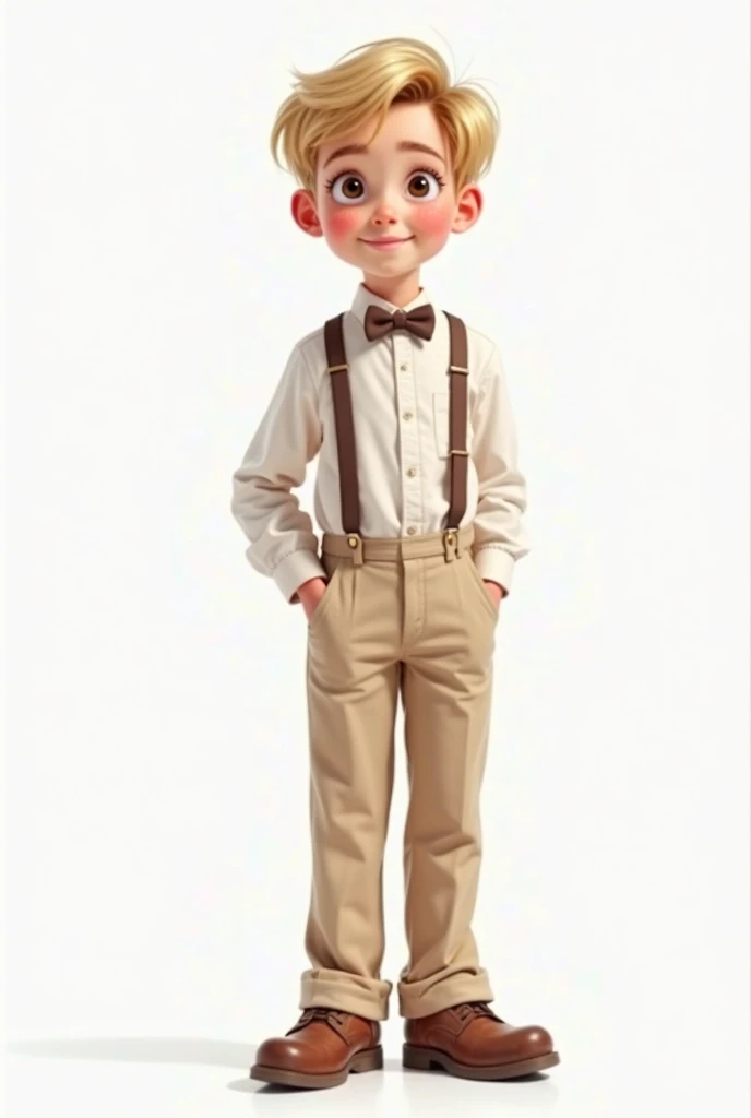 The image is in 3D format by Pixar and shows a little boy in a suit and tie, standing in a room. He's smiling and appears to be posing for a photo. El hombre tiene el pelo corto, Ojos verdes y lleva una corbata azul, Which adds a pop of color to your look. He also holds a book, posiblemente una Biblia, en la mano. The man's attire and accessory give the impression of a formal or professional setting.
