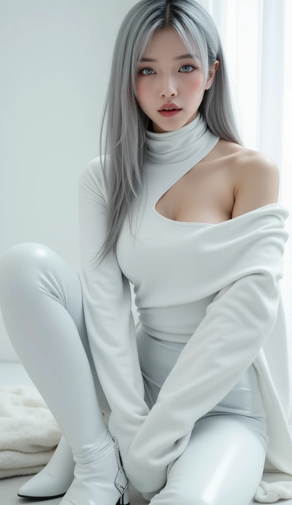 (anime, Unreal:1.2), (portrait:1.6), (brand collection, fashion brand theme:1.6), (detailed, beautiful, masterpiece, best quality:1.2), _ BREAK (1girl:1.2), 22 years old, 160 cm, Japanese cute model, Tightened all body, medium Breasts, small head, small face, diamond Face, small nose, Sharp Faceline, Detailed face, Detailed eyes, young hands and fingers, beautiful hands and fingers, five fingers, _ BREAK (happy, smile, Glossy Lips:1.3), (Light color lips, Half open mouth, beautiful Teeth:1.2), (dropy eyes, Double eyelid, light color eyes, Shiny eyes:1.5), Shiny skin, _ BREAK (arranged hairstyle:1.4), (gray hair:1.4), shiny hair, _ BREAK (gray simple blurry background:1.4), (mist, fog:1.4), _ BREAK (cowboy shot:1.4), (standing, sexy model pose:1.2), BREAK (Cyberpunk and wool fusion:1.3), ((wear an oversized wool turtleneck with rubberized surface) for a luxurious, futuristic, bodysuit, High legs, and warm feel:1.2), (large sleeves:1.2), (7/8 length:1.2), (simple yet cyberpunk-themed design:1.3),
BREAK (black and gray theme:1.2), (Low rise skinny pants with a subtle reflective pattern:1.2), (ankle boots with sleek metal details:1.2), (edgy and versatile:1.2),
BREAK (gray background:1.4), (confident standing pose:1.2),
