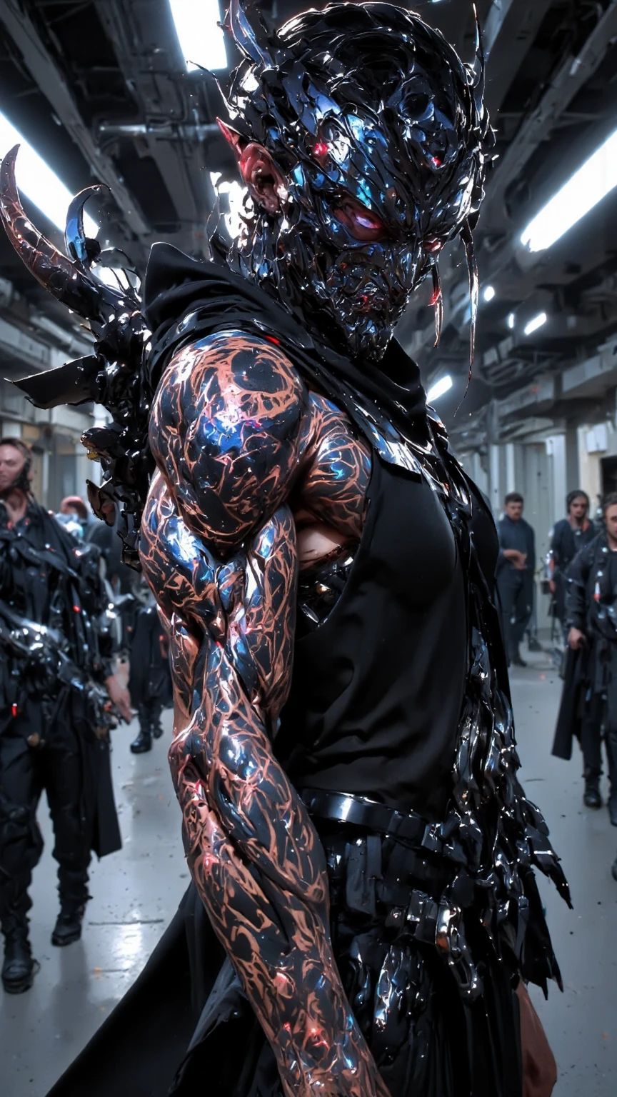 <lora:rudev_Maelstrom:1>, maelstrom face, muscular man, staying, sport baggy pants + dark costume, bazaar in background, morning lighting