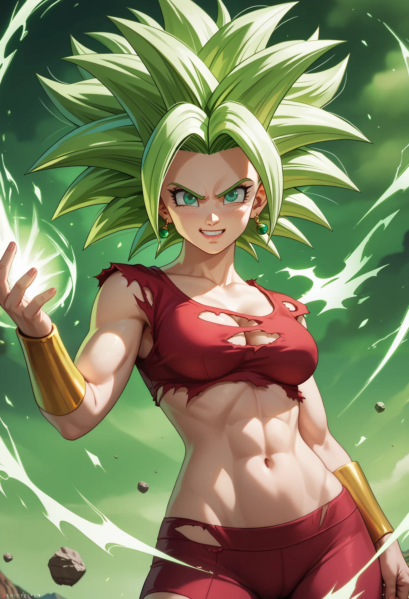 (masterpiece, best quality, ultra- detailed, highres, best illustration), 1 ,Beautiful Xyzkefla Super Saiyan cowboy photo, green hair, green eyes, spiked hair, energy, (torn clothes:1.2),aura, red bikini, detailed, sharp focus, dramatic, cinematic lighting, bodybuilder