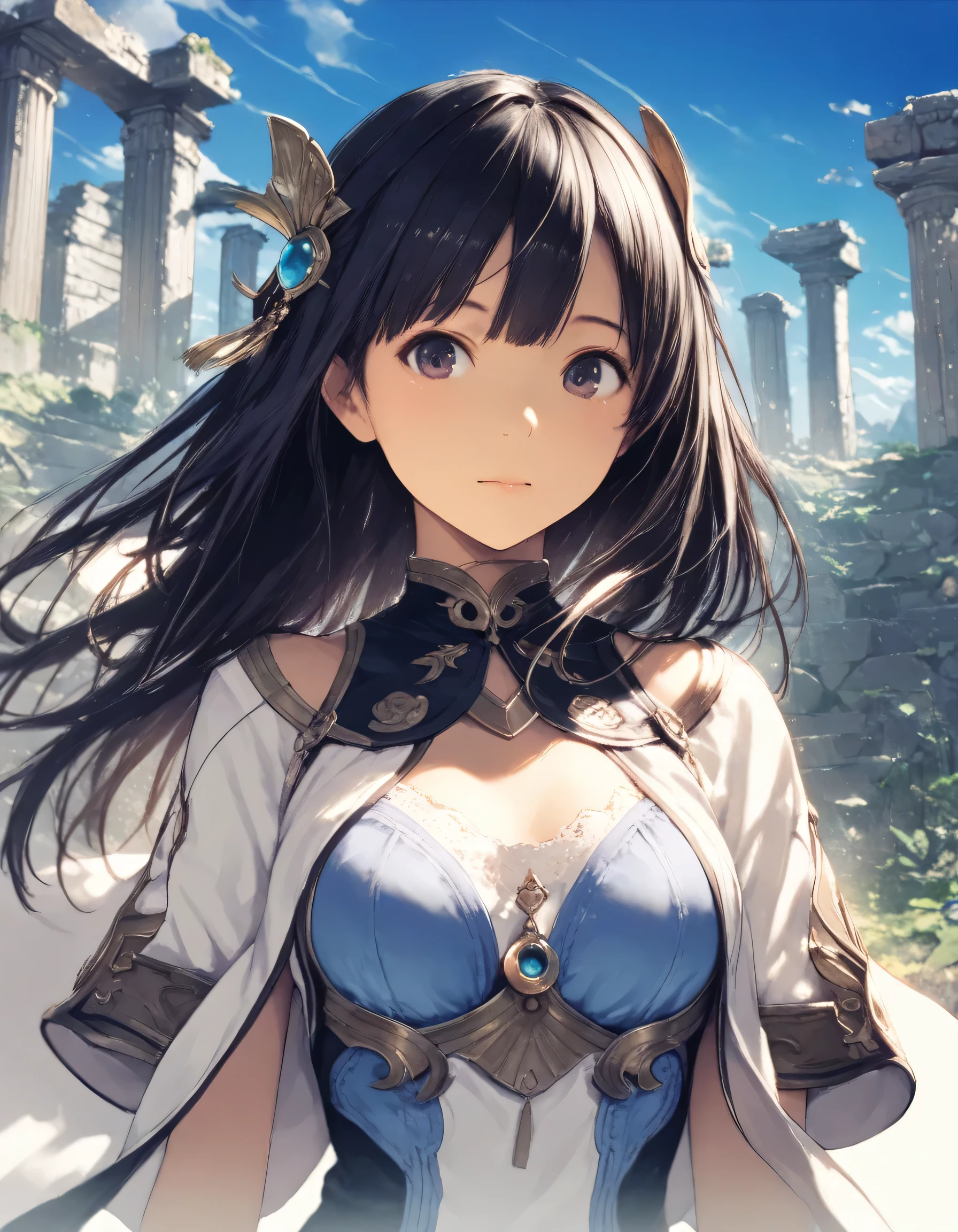 1girl, atelier \(series\), year 2016, upper body, ancient ruins, blue sky, masterpiece, high score, great score, absurdres, 16k, super detail