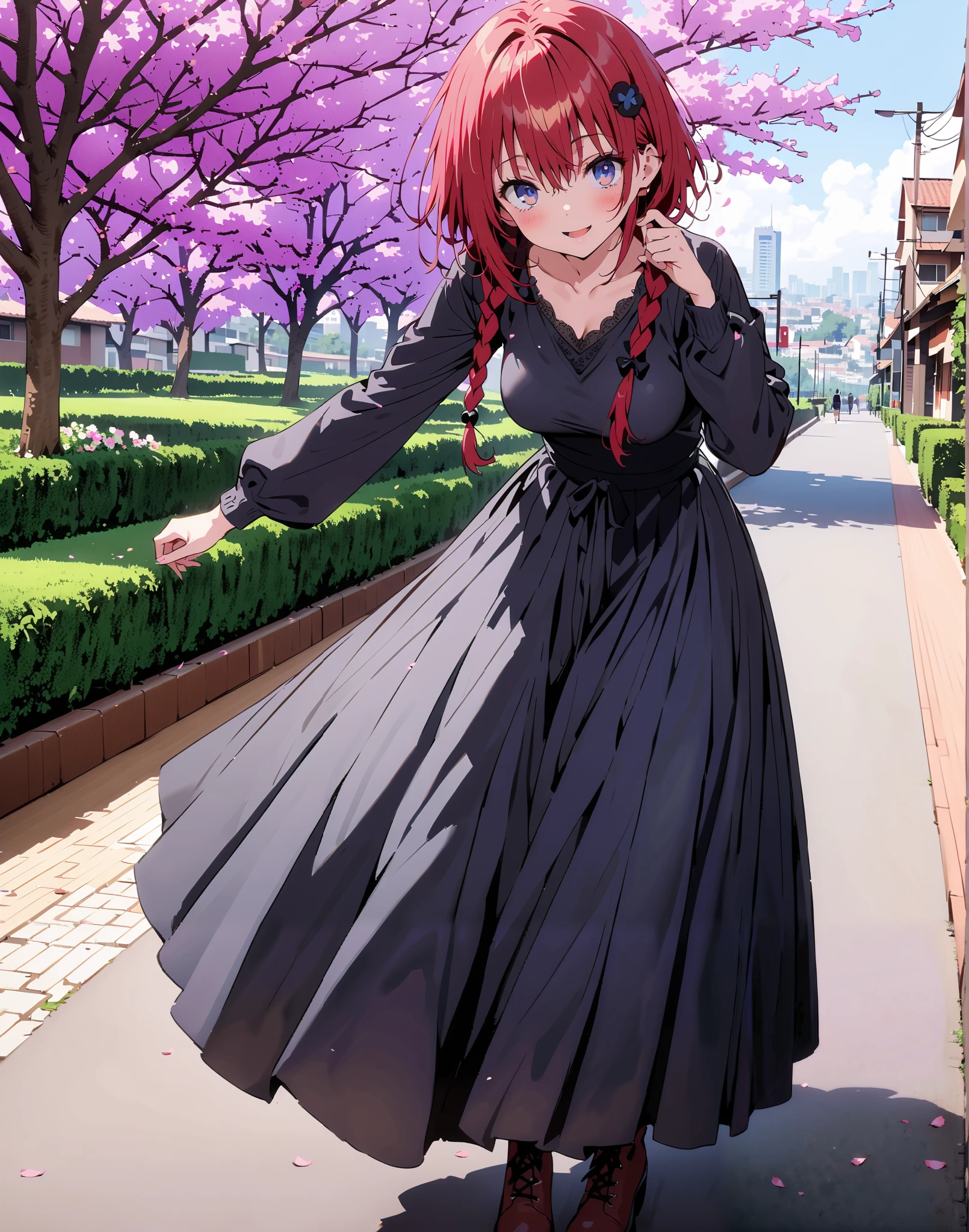 Kurosaki's thing , Alone,stupid hair, blue eyes, knitting glasses, hair intake, sngle braid,HAIR ACCESSORY, red hair, hair knitting glasses, smile,blush,open your mouth,Medium breast, oversized v neck sweater long sleeve,long skirt,short boots, bench,Beautiful cityscape,cherry blossoms,standing,full bodyがイラストに入るように,                               
 break outdoors,garden,
break looking at viewer,full body,
break (masterpiece:1.2),Best Quality , kampala, Unity 8K Wallpaper ,(shape:0.8),(  fine, beautiful eyes  :1.6),It's a person ,full body写真,CG Details , (perfect hands, complete anatomy),