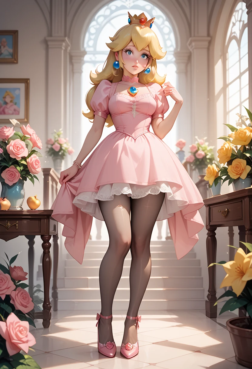 Princess Peach looking down at the viewer.  she is wearing white stockings, pink high heels, and her classic pink ballroom dress, her bust is heavy and full, her breasts strain the fabric of her top