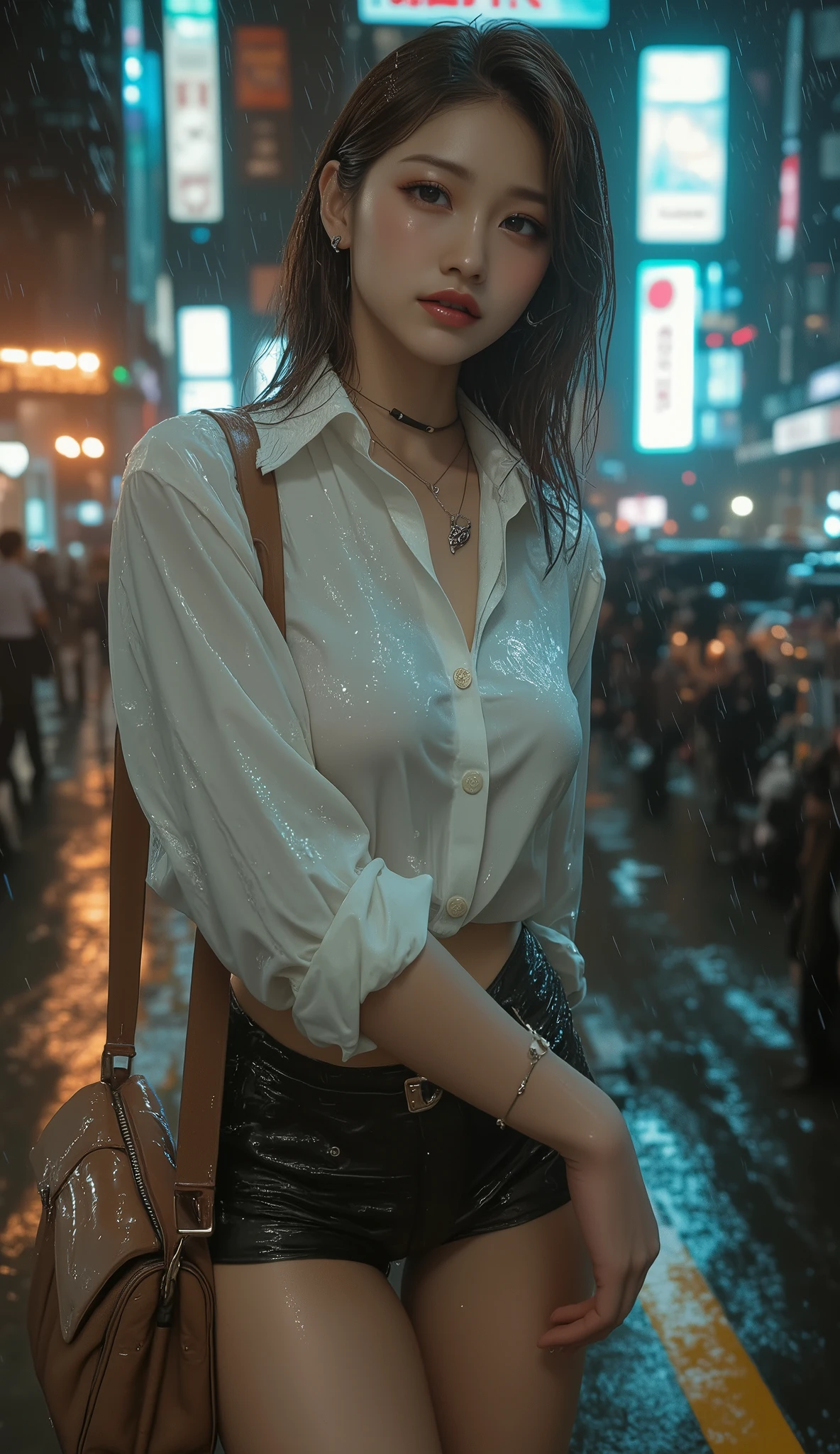 (RAW shooting:1.5, Photoreal, 8K, highest quality, masterpiece, ultra high resolution), perfect dynamic composition:1.2, Night street corner of a modern city, expression of sadness:0.5, (((Typhoon heavy rain))), Highly detailed skin and facial textures:1.2, Slim office lady wet in the rain:1.3, Fair skin:1.2, sexy beauty:1.1, perfect style:1.2, beautiful and aesthetic:1.1, very beautiful face:1.2, water droplets on the skin, (rain drips all over my body:1.2, wet body:1.2, wet hair:1.3, Wet tight skirt:1.2, wet office lady uniform:1.3), belt, (Medium chest, Bra is transparent, Chest gap), (cry, lovelorn, The expression on your face when you feel intense caress, Facial expression when feeling pleasure), (Eyes that feel beautiful eros:0.8, adult charm:0.9, Bewitching:0.9), cowboy shot, Shoulder bag, necklace, earrings, bracelet, clock