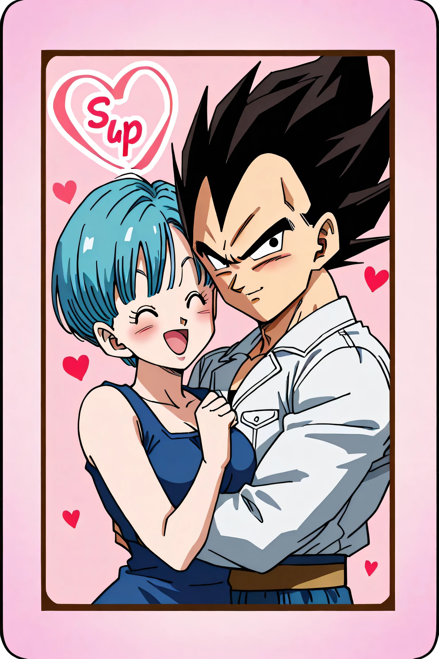 masterpiece, best quality, absurdres, wallpaper, detailed face, detailed eyes, Vegeta and Bulma together on a date, Vegeta blushing while Bulma grins, 1guy, 1girl, <lora:Vegeta:0.41>