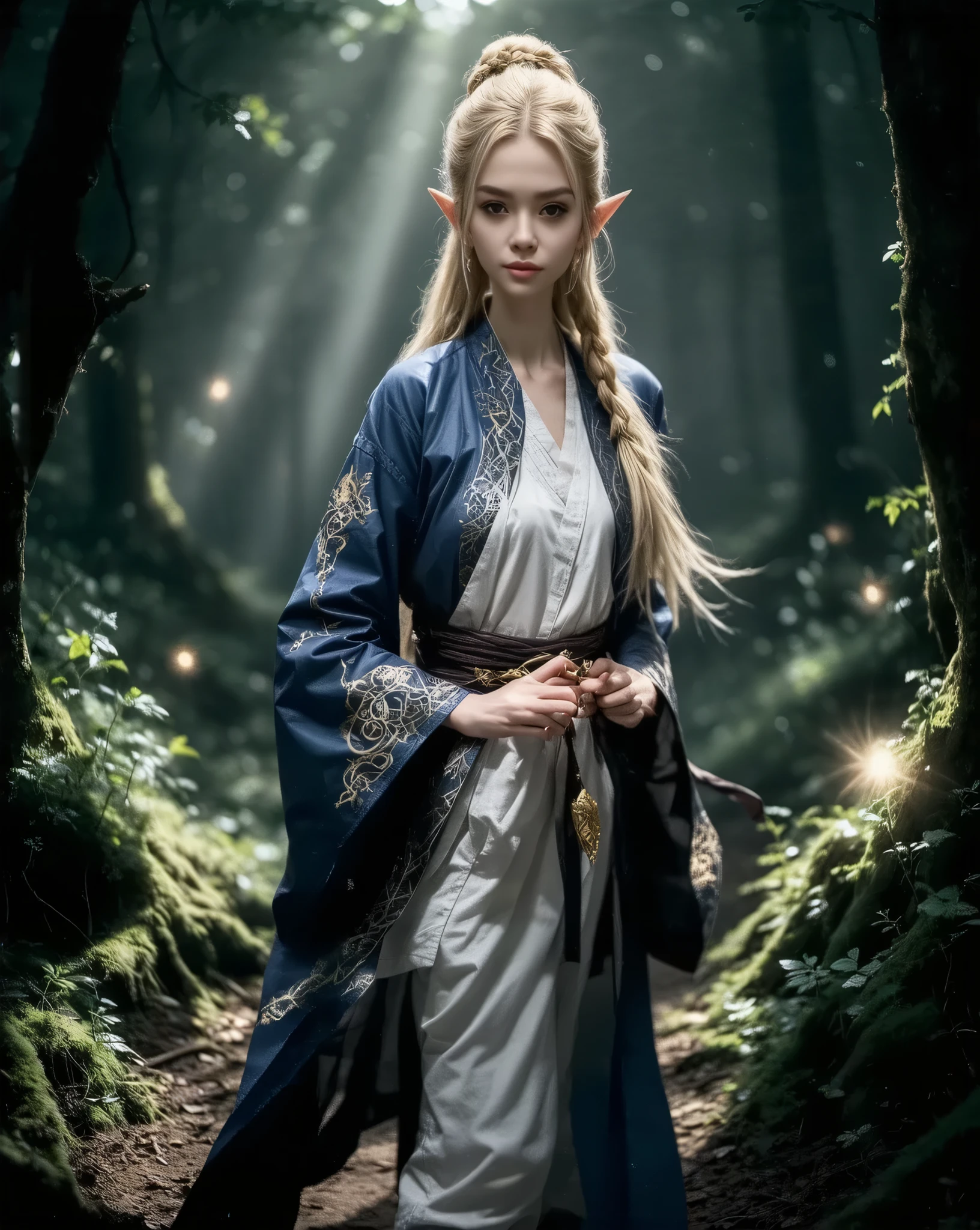 Frieren, from Sōsō no Frieren, tall and slender with a delicate elven build, long pointed ears characteristic of her elven heritage, smooth pale skin, long platinum blonde hair flowing gently, tied in a loose low ponytail with soft strands framing her face, serene deep blue eyes radiating wisdom and introspection, wearing a regal yet practical dark blue mage robe adorned with subtle golden embroidery, white inner tunic and pants for functionality, a small golden brooch shaped like a leaf pinned to her chest, holding a simple but elegant staff with a faintly glowing gem at the top, standing in a mystical forest clearing, soft golden sunlight filtering through the trees, surrounded by glowing magical runes and gently swaying flowers, tranquil and timeless expression, high fantasy setting, ultra-detailed, masterpiece, anime art style, highres, vibrant colors
