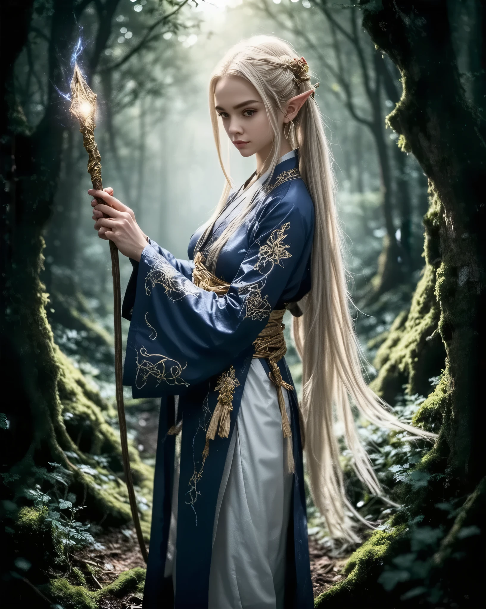 Frieren, from Sōsō no Frieren, tall and slender with a delicate elven build, long pointed ears characteristic of her elven heritage, smooth pale skin, long platinum blonde hair flowing gently, tied in a loose low ponytail with soft strands framing her face, serene deep blue eyes radiating wisdom and introspection, wearing a regal yet practical dark blue mage robe adorned with subtle golden embroidery, white inner tunic and pants for functionality, a small golden brooch shaped like a leaf pinned to her chest, holding a simple but elegant staff with a faintly glowing gem at the top, standing in a mystical forest clearing, soft golden sunlight filtering through the trees, surrounded by glowing magical runes and gently swaying flowers, tranquil and timeless expression, high fantasy setting, ultra-detailed, masterpiece, anime art style, highres, vibrant colors