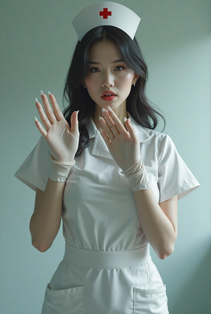 Masterpiece,Best quality, (maam. clerk:1), ((Portrait:1.3)), Cross arms， Smile，Gray professional wear，Long legs，skin hyper-detail，Clear pores，in a panoramic view，Cocked buttocks，black lence stockings，Beautiful young Japanese woman over 40 years old,  Perfect face, Fantastic look,  (Detailed facial features),  Clean and nice face，Wear white gloves on your hands