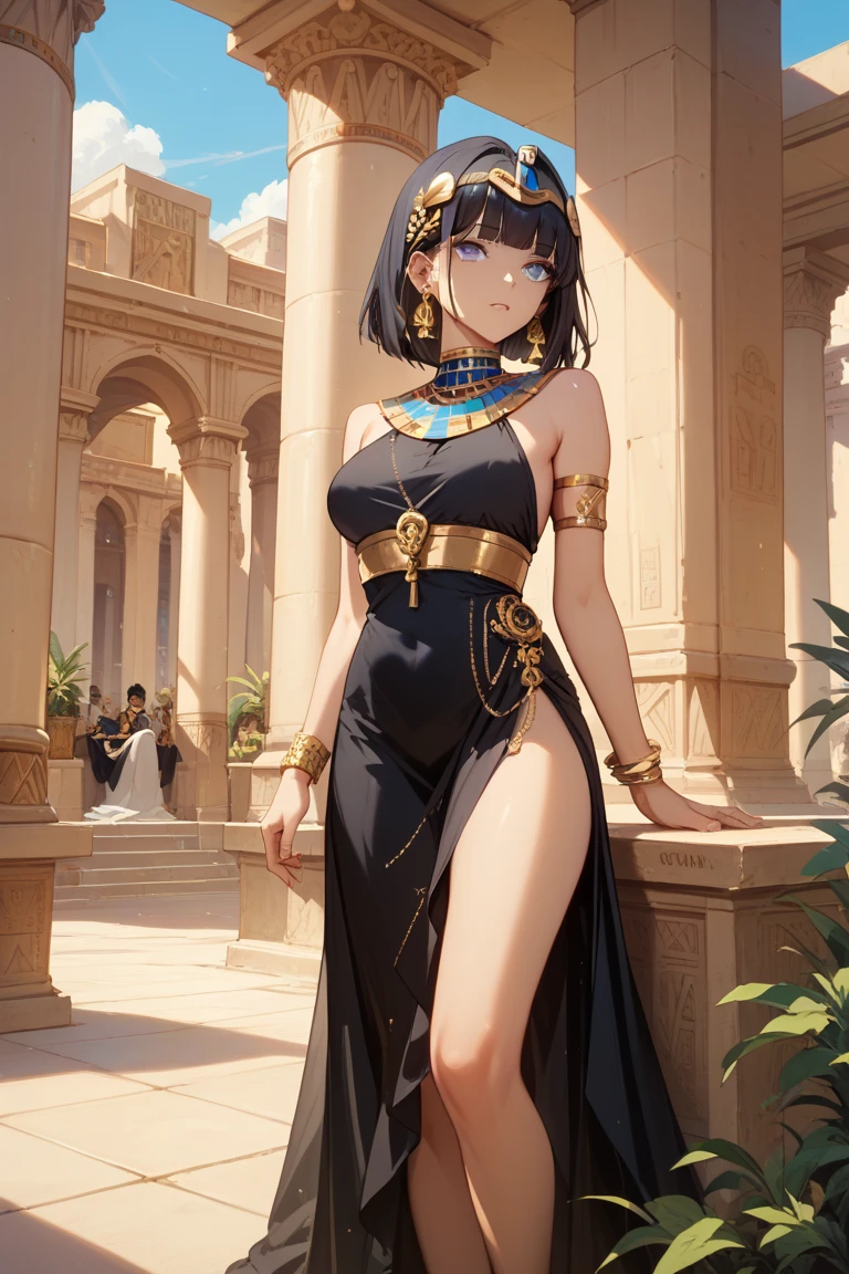 One young woman with short ink-black hair reaching her chin, expressive ink-black eyes, smiling pleasingly and warmly, wearing an ethereal exposing black dress and holding both her hands behind her back. Her legs are exposed. She has a lot of simple accessories like gold blacelets, a golden ring around her neck, a golden ring on her exposed thigh. Her bellybutton is pierced with a golden accessory. She radiates joy. She's in some old Egyptian temple.