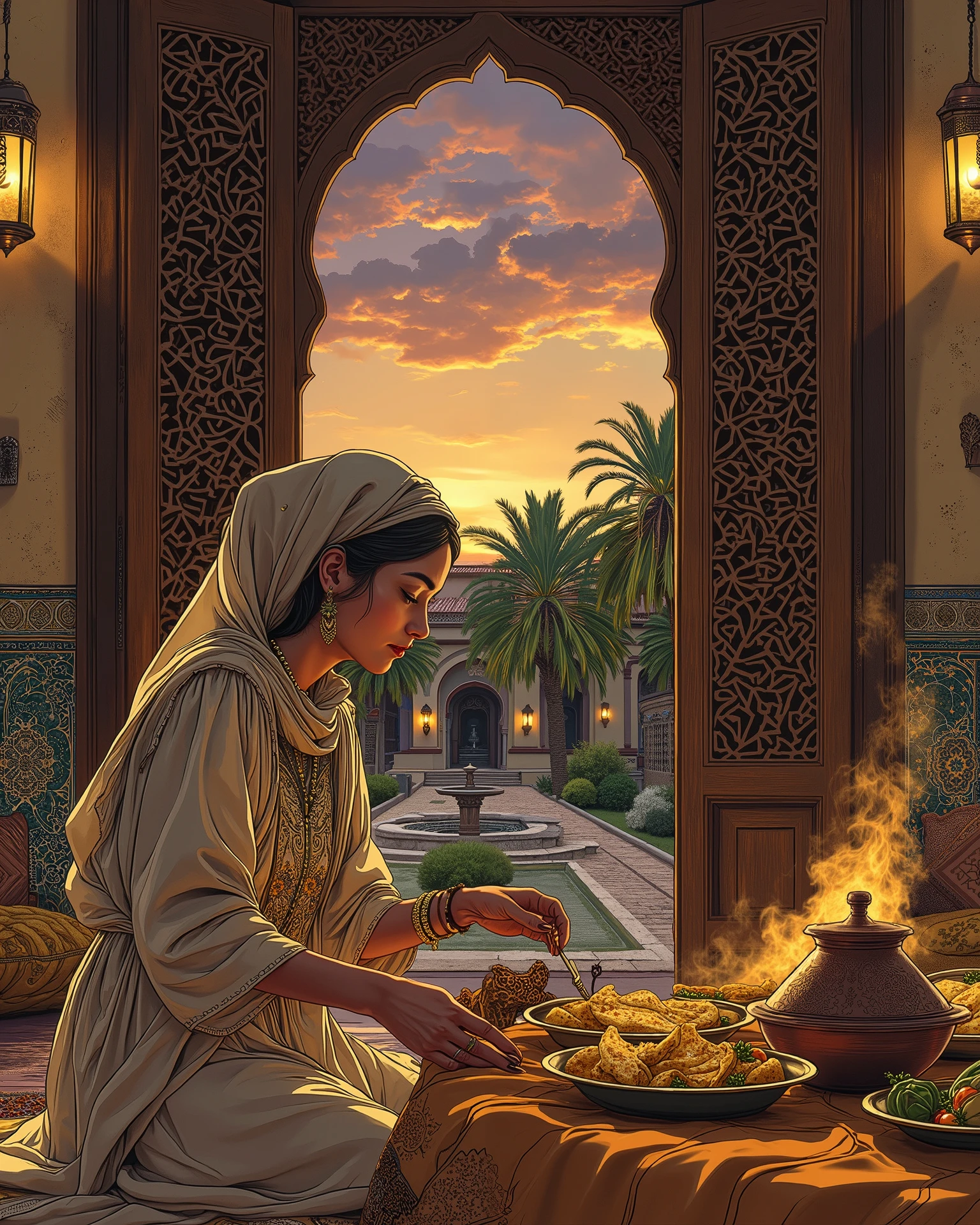 A hyper-realistic, intricately detailed illustration of a traditional Moroccan architectural scene at dusk, capturing the serene yet vibrant atmosphere of a household preparing for iftar. The focal point is a large, ornate Moroccan window with an exotic geometric lattice screen (mashrabiya), carved from dark cedarwood, its intricate patterns casting delicate shadows across the room. The golden-orange and lavender hues of the sunset bleed through the lattice, blending with the warm glow of copper lanterns hanging inside. Beyond the window, a dreamy twilight sky transitions from deep violet to fiery orange, silhouetting a courtyard with a mosaic-tiled fountain, palm trees, and terracotta rooftops. Inside, the room is adorned with traditional decor: hand-painted zellige tilework in azure and emerald patterns, plush embroidered cushions, and a low wooden table draped in saffron-colored fabric. A Moroccan woman, dressed in a flowing kaftan of ivory silk with gold-thread embroidery and a matching hijaz headscarf, kneels gracefully beside the table. Her hands are delicately arranging golden, flaky msemen (flatbread) and a steaming ceramic tagine filled with aromatic vegetables and spices, its conical lid slightly askew. The air is hazy with the scent of saffron and cumin, emphasized by tendrils of steam rising from the dishes. Her expression is serene yet focused, her henna-adorned hands and the glint of silver bracelets adding layers of cultural authenticity. The scene is rich with textures: the roughness of clay pottery, the sheen of silk, the matte finish of plaster walls etched with Berber motifs, and the play of light on polished brass trays. Shadows deepen in corners, contrasting with the warm highlights on the woman’s face and the reflective surfaces. The artistic style channels Don Lawrence’s dynamic realism—dramatic lighting, meticulous attention to materiality, and a cinematic depth that immerses the viewer in the quiet anticipation of breaking fast