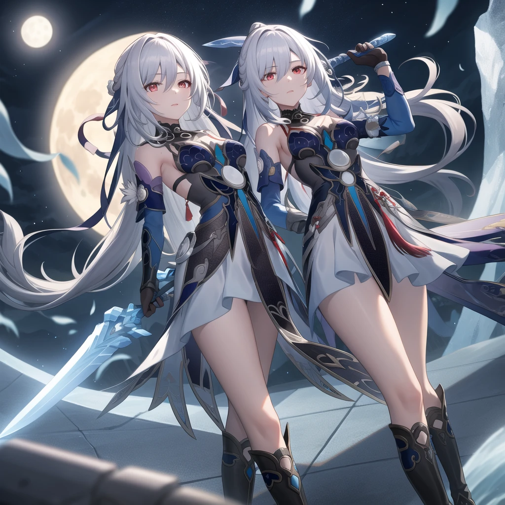 masterpiece, best quality, JingliuV5, 1girl, solo, gloves, gloves, dress, bare shoulders, closed mouth, boots, sky, black gloves, black footwear, blindfold, night sky, full moon, elbow gloves, armpits, arms up, ((chain, bound, restrained:1.3)), sitting, wariza, night, starry sky, sky, cowboy shot, view from below, far shot
