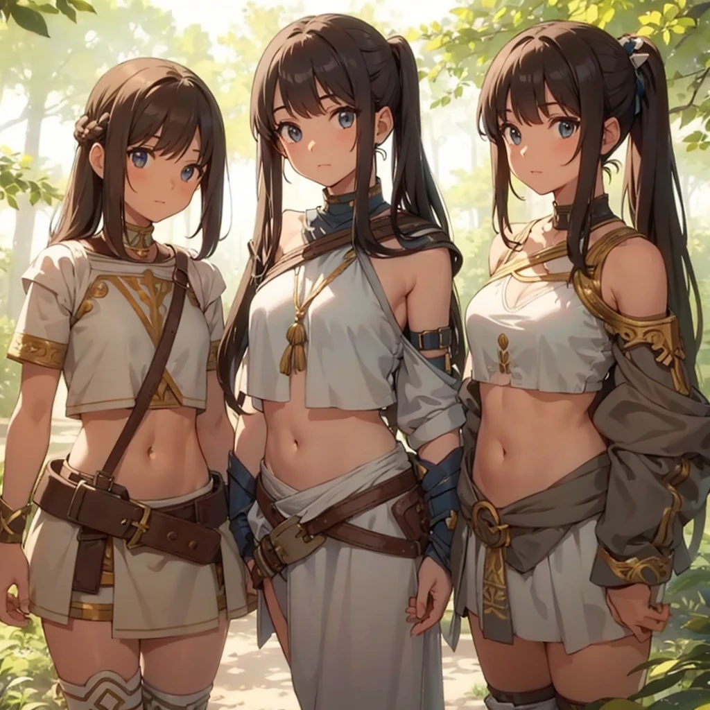 a scene of 3 women are posing with swords in the woods with other people, weapon, armor, polearm, pointy ears, 3girl, spear, nature, arrow (projectile), elf