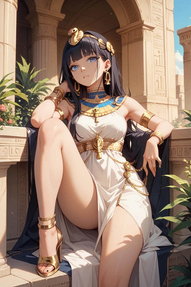 Cute ancient Egyptian princess、Colorful temples of ancient Egypt、The colorful streets of ancient Egypt、Artistic、detailed、Colored linen clothes、Sitting posture、front、Spread your legs