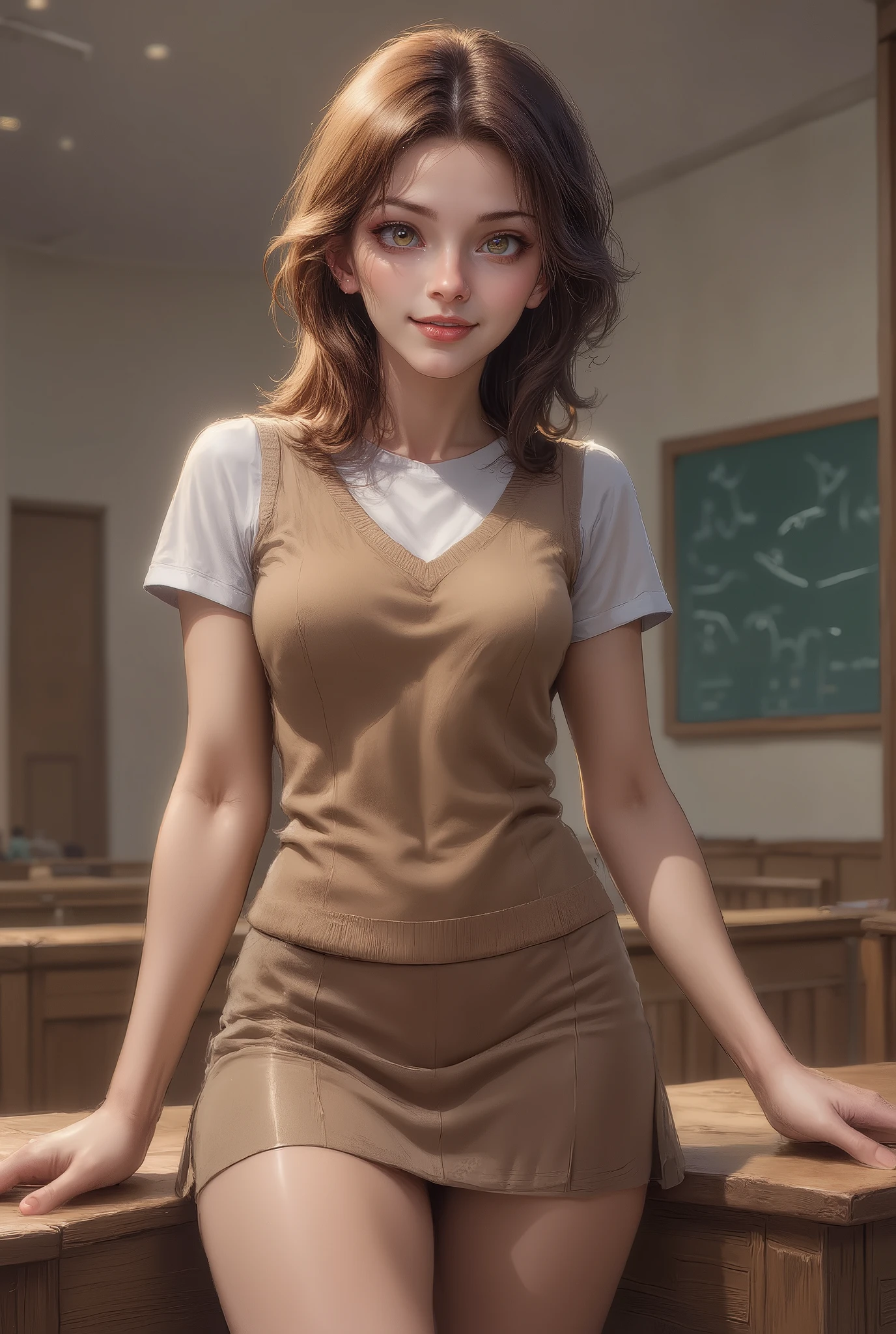 Highly detailed, slender legs, thin waist, anime, mini skirt, anime style, in classroom, normal sized body, detailed shadows, sexy eyes, highly detailed eyes, white short sleeve shirt, light brown sweater vest, 8k, sexy face, sexy smile, medium length hair, medium breasts, brown hair, realistic anime,