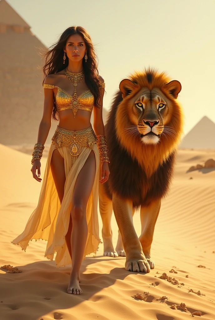 Arafed digital painting of a desert princess BREAK and her epic pet cougar in her palace high details, best quality, 16k, f a female human princess and her pet cougar, princess of the desert, full body, ((anatomically correct: 1.5)) ((standing: 1.5)) proudly royalty demeanor, a woman, (best detailed face: 1.5), Ultra Detailed face, ((human ears: 1.3)), wearing royal desert dress, decorated with gems, wearing princess tiara, small cleavage, thigh high intricate leather high heeled boot, thick hair, long hair, brown hair, tan skin intense brown eyes, her epic desert (cougar : 1.3) lying at her feet, guarding her, an epic fantasy desert palace in an oasis in the background (intricate details, Masterpiece, best quality: 1.5) night, moon light, stars ,Wide-Angle, award winning, best quality, high quality, high details, highres, vibrant, Ultra-high resolution, High Contrast, (masterpiece:1.5), highest quality, Best aesthetics, best details, best quality, highres, ultra wide angle, 16k, [ultra detailed], masterpiece, best quality, chumbasket art style, Cinematic Hollywood Film, 