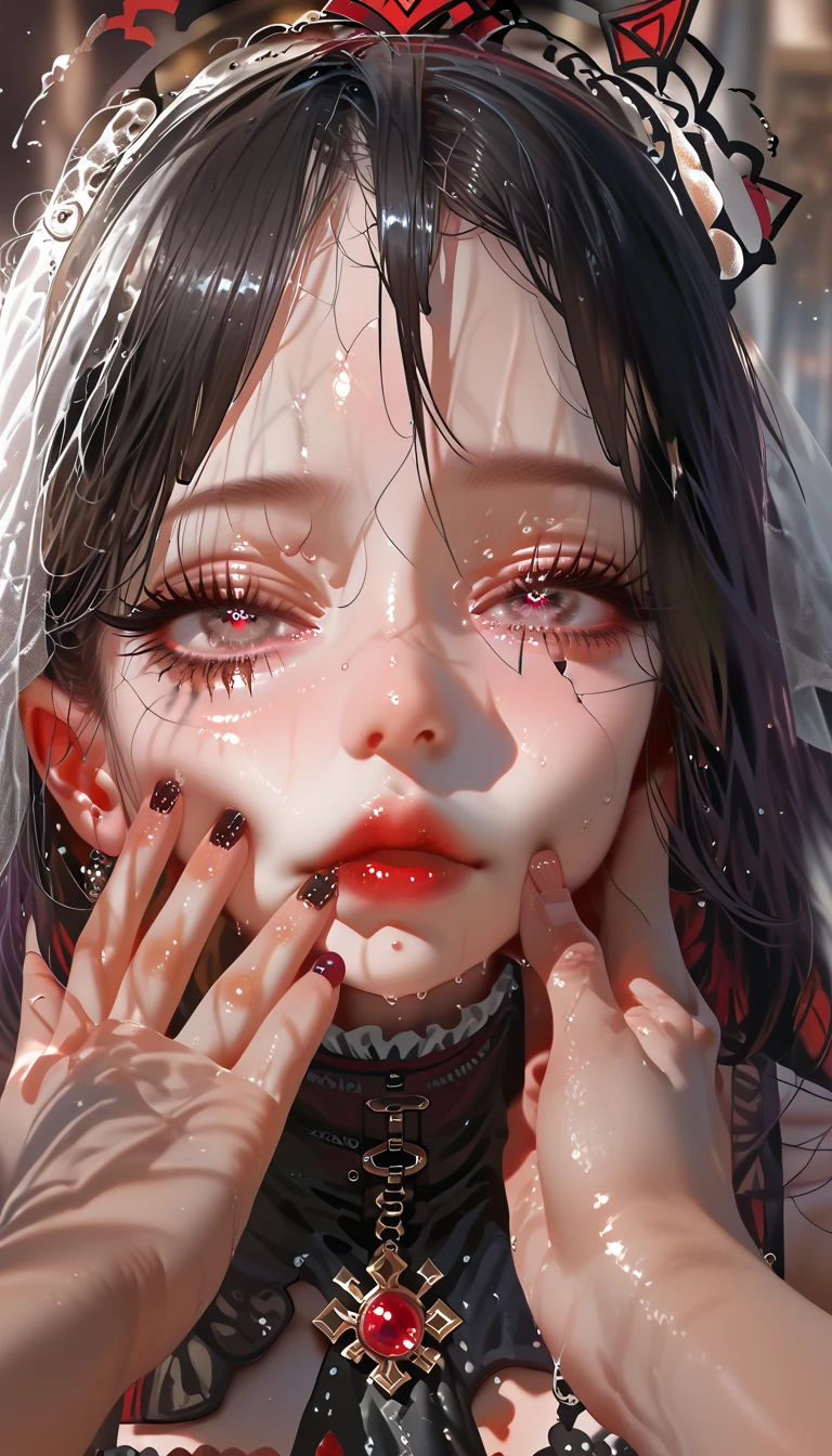 official art, Best Quality, ultra-detailed, high resolution, unity 8k wallpaper, extremely detailed CG, white skin, cute face, , cute girl, Beautiful black hair, close eyes, flat chest, small build, minimum, No muscles, gothic, magical girl, little naughty, (((cry and fear, despair, excessive cum on Whole Hair, excessive cum on facial, excessive cum all over girl's hair, excessive cum on body, cum stained body))), Inside the abandoned house, black smoke, bokeh