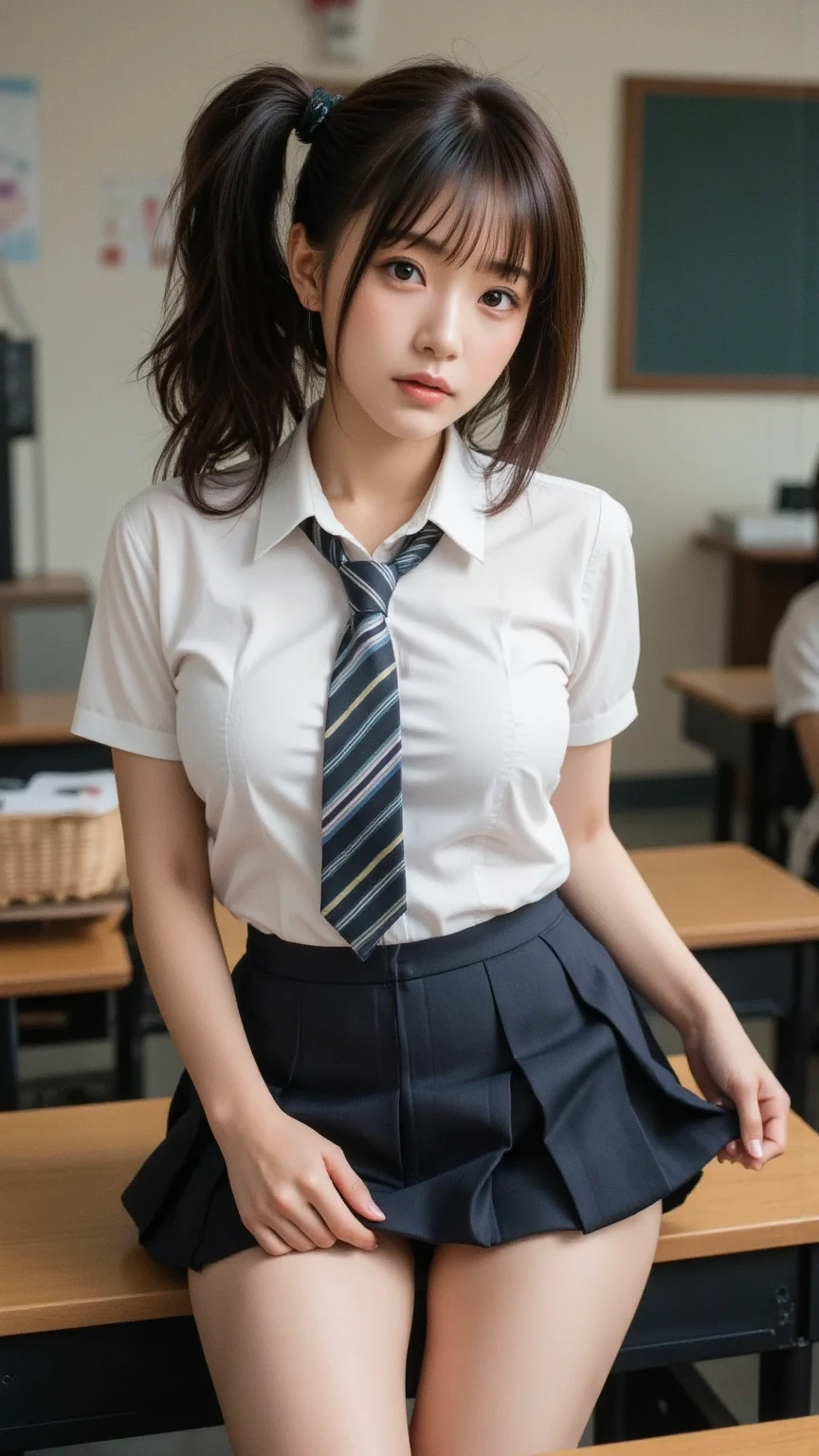 Surrealism, UHD, retina, masterpiece, ccurate, anatomically correct, textured skin, super detail, high details, high quality, award winning, best quality, highres,There is a woman in a shirt and tie posing in a classroom, a hyperrealistic schoolgirl, a hyperrealistic schoolgirl, Realistic Schoolgirl, Cute Schoolgirl, wearing japanese school uniform, School Girl, Japan school uniform, Wearing school uniform, japanese girl school uniform, Wearing black sexy panties、of a schoolgirl posing, dressed as schoolgirl, Wearing a school uniform, Korean Girl