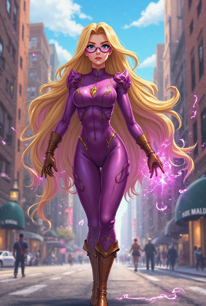 Gorgeous and alluring Blonde haired, violet eyed supervillain wearing a skintight pink and blue costume with a skirt. She is using her mental powers to kill people. A sinister smile across her thin red lips. Death and destruction everywhere. The people are panicking and trying to escape. Blood, death, dead men, destruction. Anime style