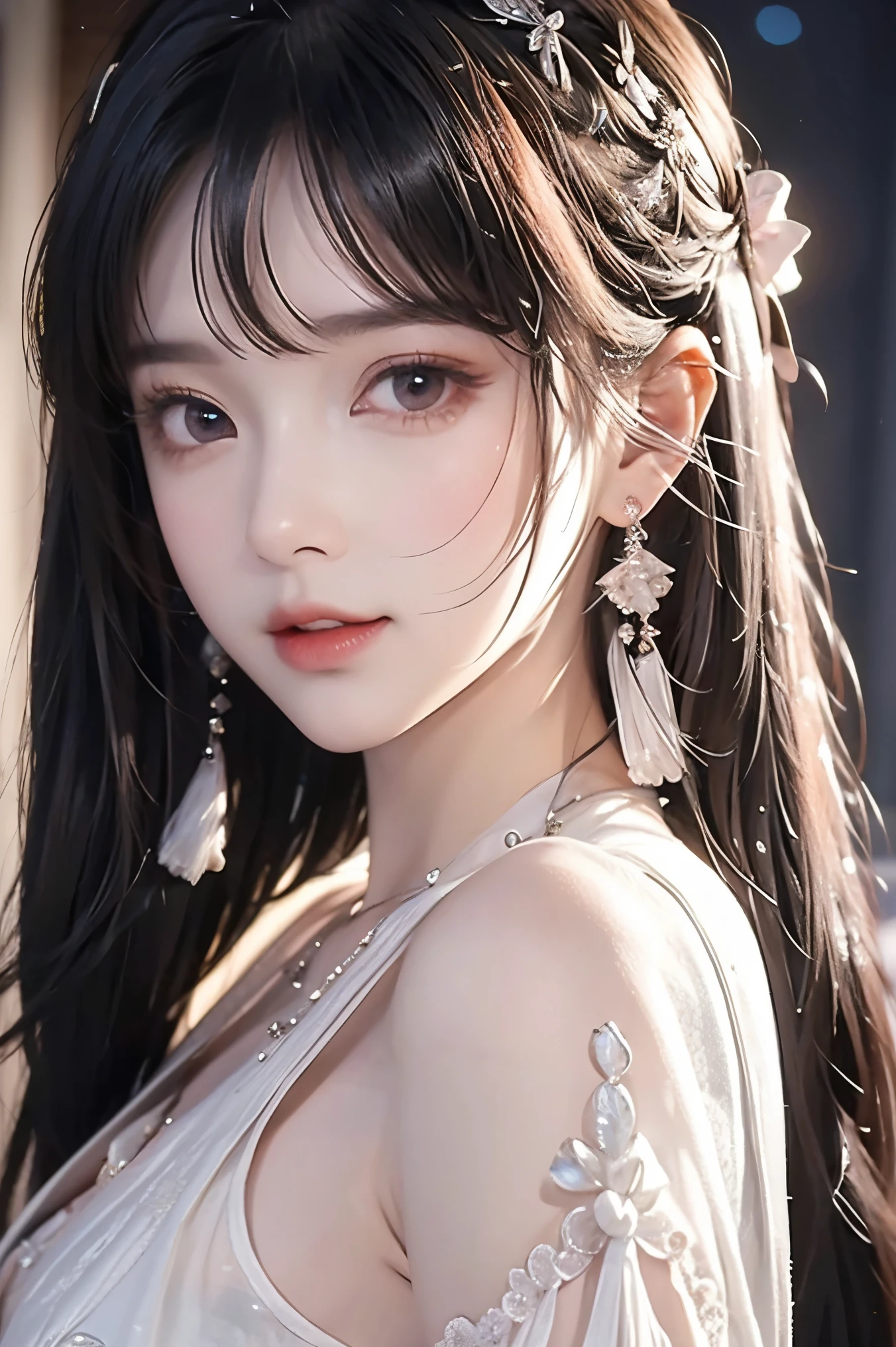 realism: 1.3, masterpiece, of the highest quality, high-resolution, details: 1.2, 1 girl, Hairpin, beautiful face, exquisite eyes, Tassel Earrings, necklace, ribbon, Elegant posture , aesthetics, movie lighting, ray tracing, depth of field, Layering, thump, Lace Full Body , transparent robe