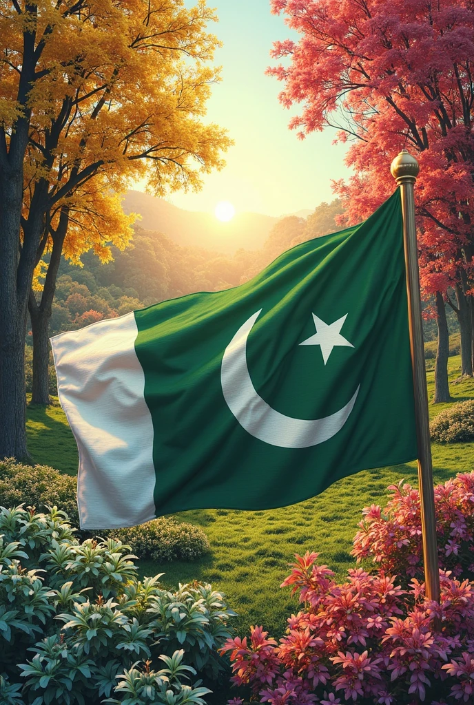 Pakistan flag in a flower garden written happy independence day on it