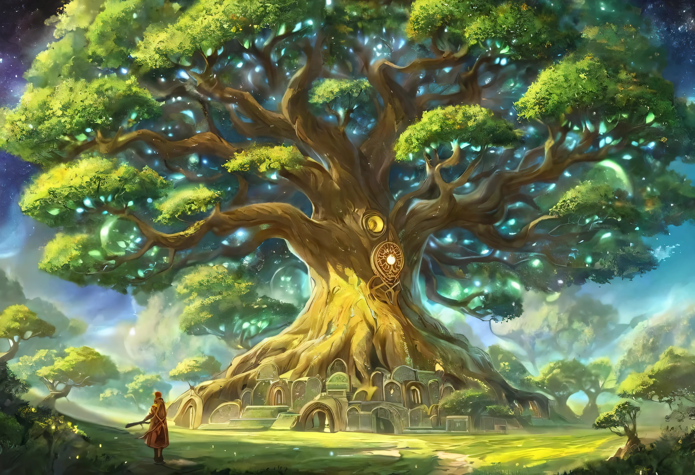concept art by。Tree painting with lots of light , Magic Tree, Magic Tree, Space Tree of life, the Tree of Life, the world tree, Tree of Life seed of doubt, Tree of Life, large Magic Trees, Fantasy Tree, Space Tree, world tree, a golden sacred tree , Yggdrasil, Realm of Life , Concept Art Magical Highlights