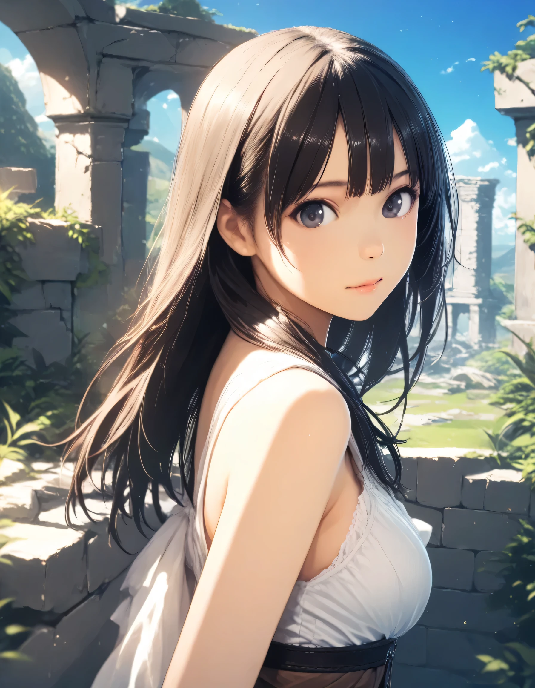 1girl, atelier \(series\), year 2016, upper body, ancient ruins, blue sky, masterpiece, high score, great score, absurdres, 16k, super detail