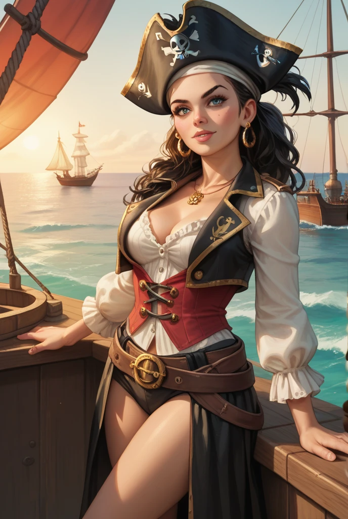 ((Highly detailed anime art)),Pirate Captain,Wooden boat,Black long coat,tricorn hat,Fantasy,((masterpiece, Highest quality, Extremely detailed CG, unity 8k wallpaper )),(masterpiece, Highest quality, Highest quality, Official Art, beautiful),Very vivid,High-precision images,Ultra-high resolution,Great art,Poster Art,Impressive photos,Impressive art,beautiful顔,Huge breasts,Cleavage,Face with scars,