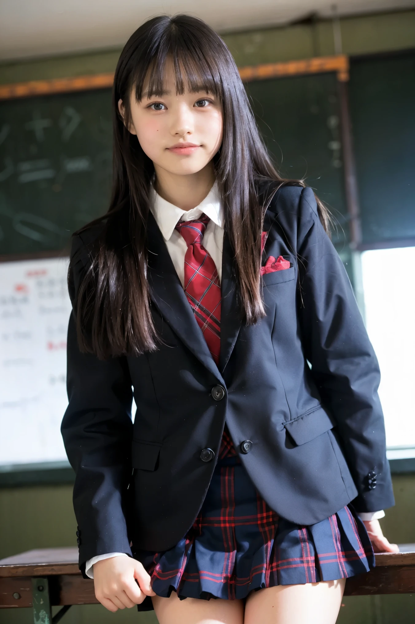  Girl Standing in School Classroom , red tie uniform , dark blue blazer ,blue plaid skirt,18 years old,bangs, small smile , thighs,Knee,from below