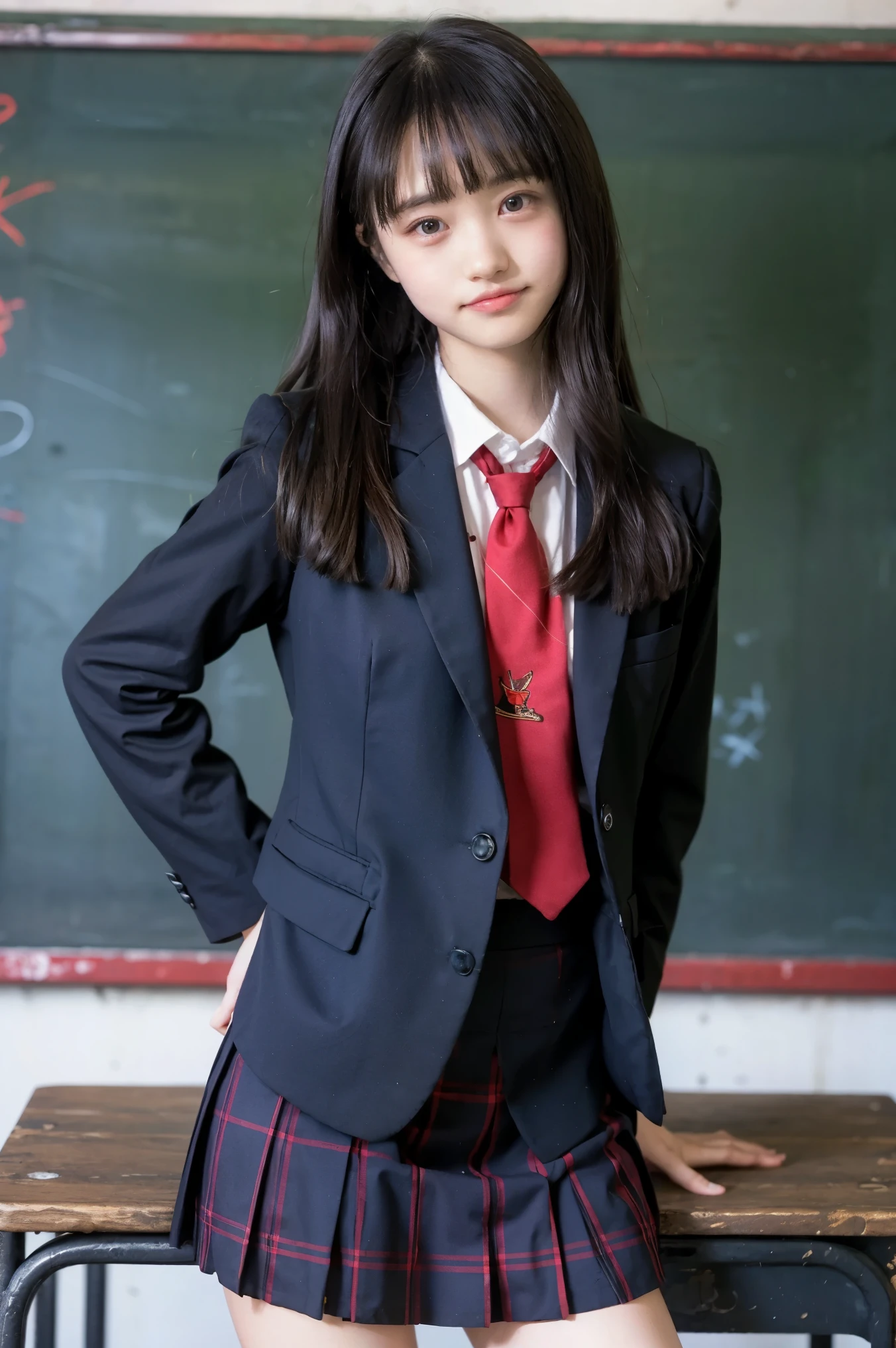  Girl Standing in School Classroom , red tie uniform , dark blue blazer ,blue plaid skirt,18 years old,bangs, small smile , thighs,Knee,from below