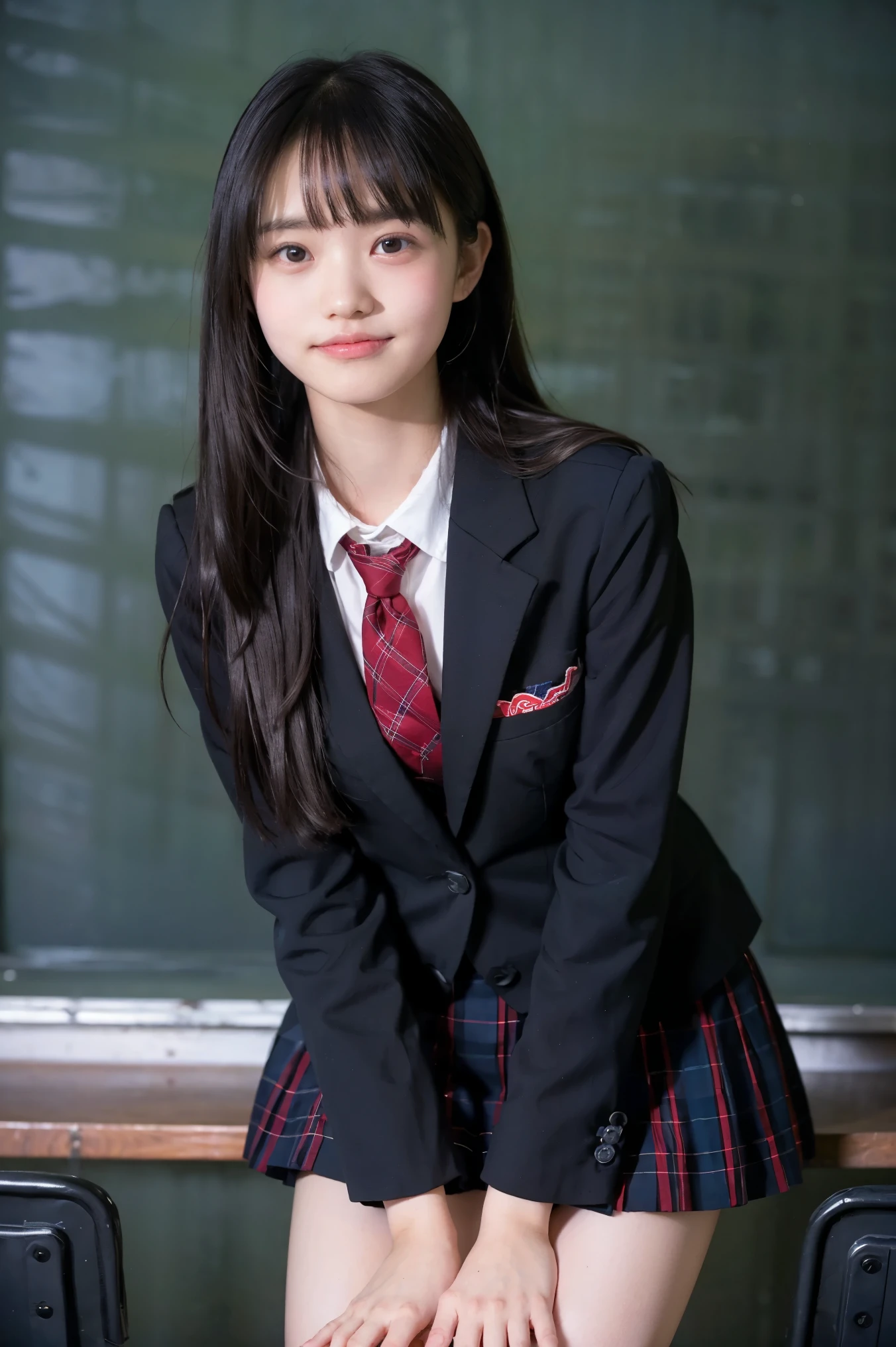  Girl Standing in School Classroom , red tie uniform , dark blue blazer ,blue plaid skirt,18 years old,bangs, small smile , thighs,Knee,from below