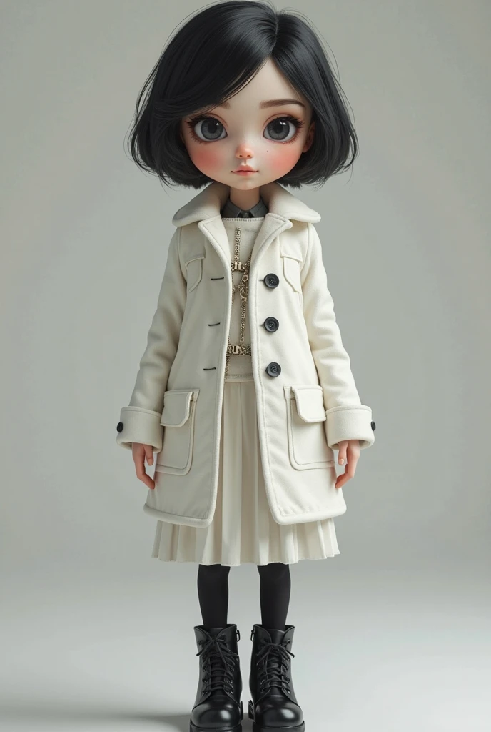 Cute BLYTHE DOLL white skin with rosy cheeks, short hair, brown and straight hair with bangs, brown eyes and black clothes.