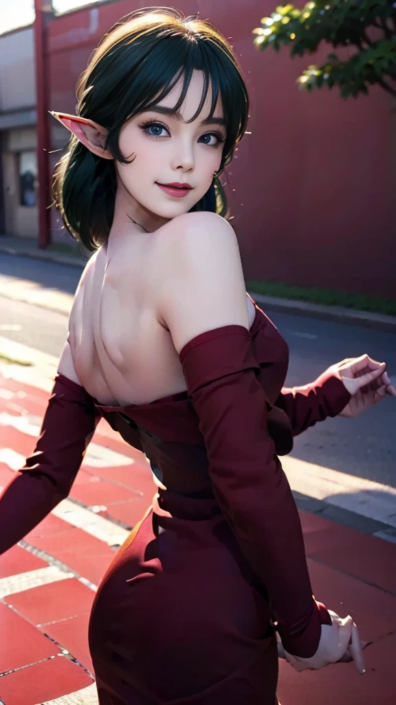 Narrow eyes, 1 girl, all back, deadpan, short hair, short hair, forehead, relief, black hair, short hair, solo, cowgirl, one piece, ((voluptuous breasts)), narrow slit eyes, black eyes, sparkling light eyes , black hair, gloves, dress, luxurious jewelry, earrings, sharp eyes、elbow grooves, raise your hands and tie your hair back, random color, random color dress, long eye makeup, slender eyes、smile, lipstick, complex petal pattern, Rim light, backlight, pastel color, studio lighting